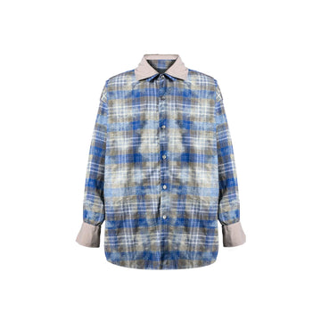 RELABEL Washed Plaid Tie-Dye Contrast-Collar Shirt-Shirt-S-Free Shipping Leatheretro