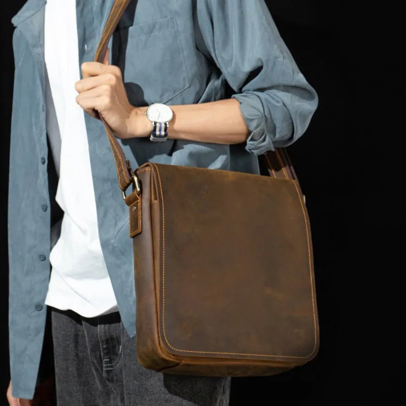 Handmade Crazy Horse Leather Messenger Bag - Retro Men Leather Bags-Messenger Bag-Dark Grey-Free Shipping Leatheretro