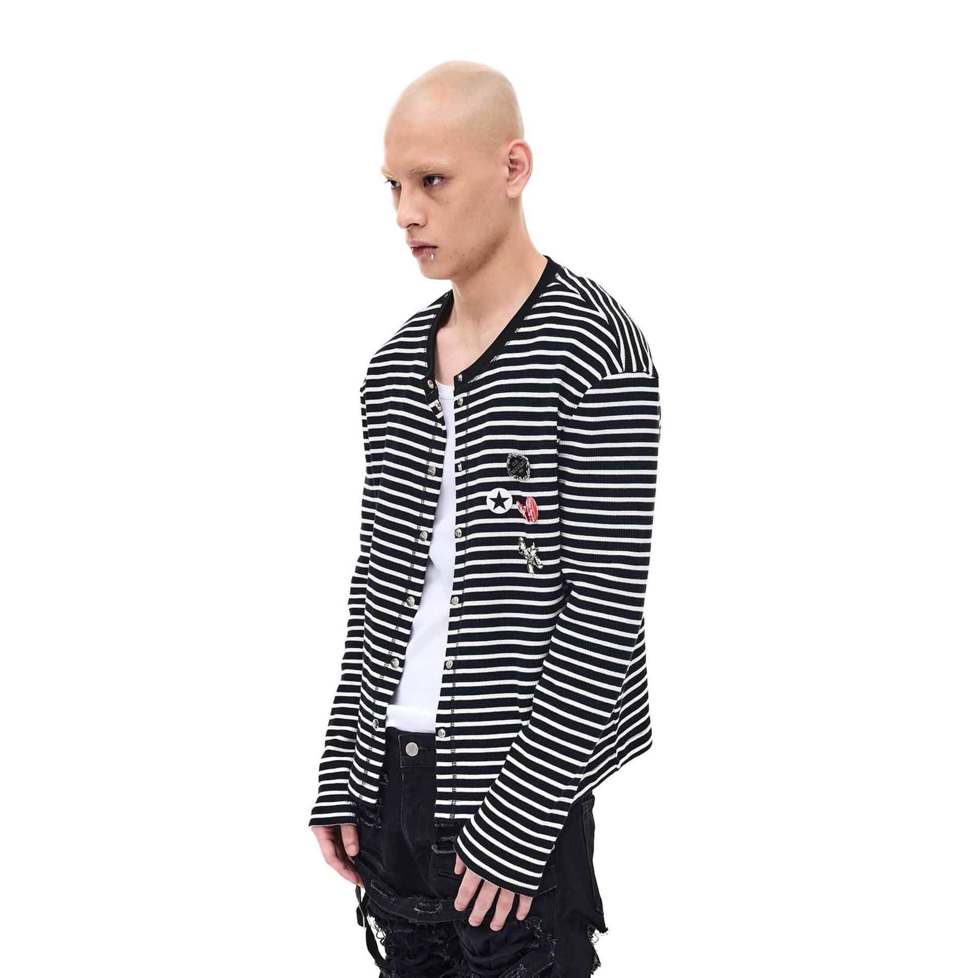 WHISTLEHUNTER Striped Badge Snap Slim Cardigan-Sweater-S-Gray-Free Shipping Leatheretro