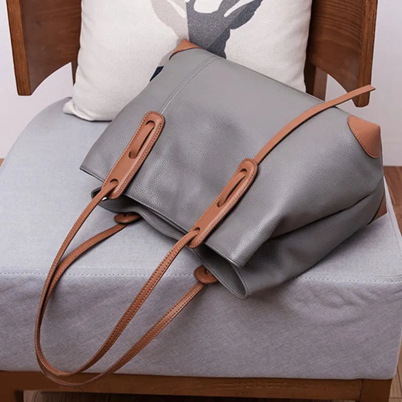 Luxury Soft Cowhide Leather Tote Bag - Women's Shoulder Handbag-Handbags-Grey Brown-Free Shipping Leatheretro