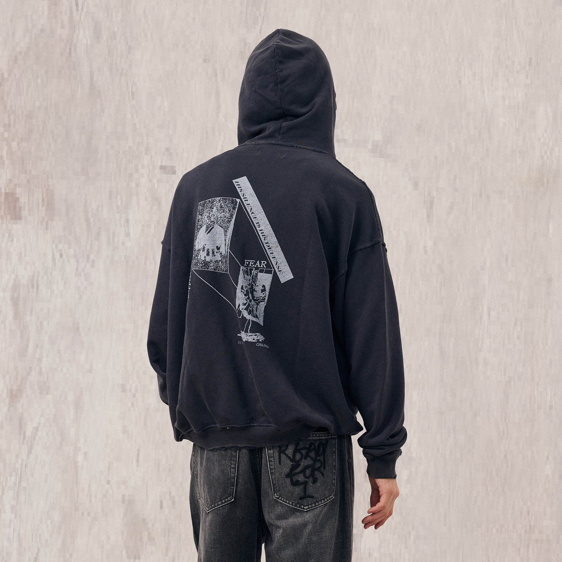 IN EXISTENCE Washed Frayed Graphic Hoodie-Hoodie-S-Gray-Free Shipping Leatheretro