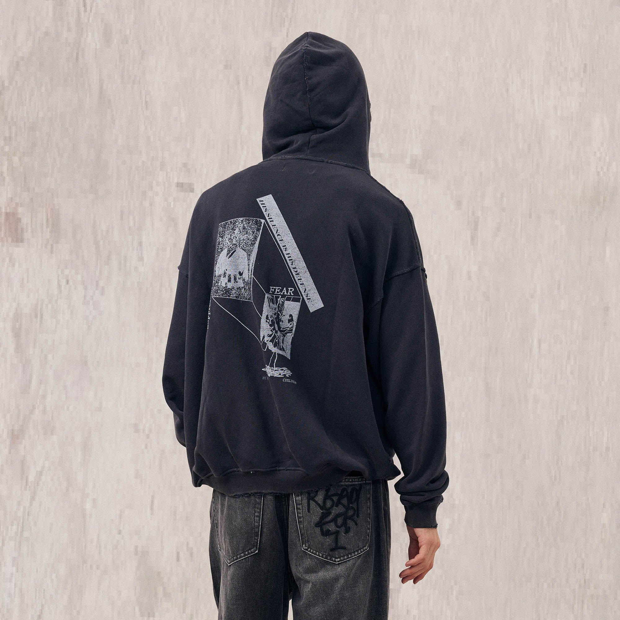 IN EXISTENCE Washed Frayed Graphic Hoodie-Hoodie-S-Gray-Free Shipping Leatheretro