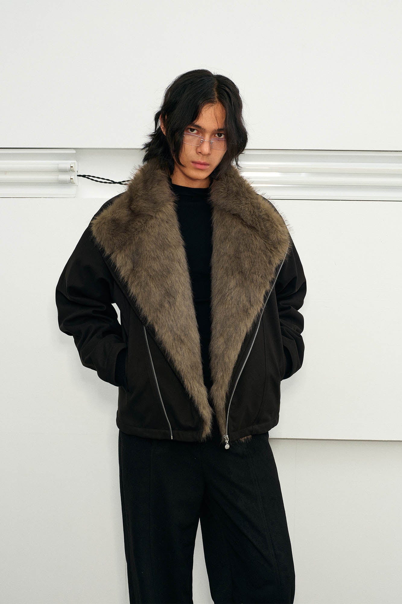 KREATE Detachable Faux Fur Collar Asymmetrical Jacket-Jacket-S-Black-Free Shipping Leatheretro