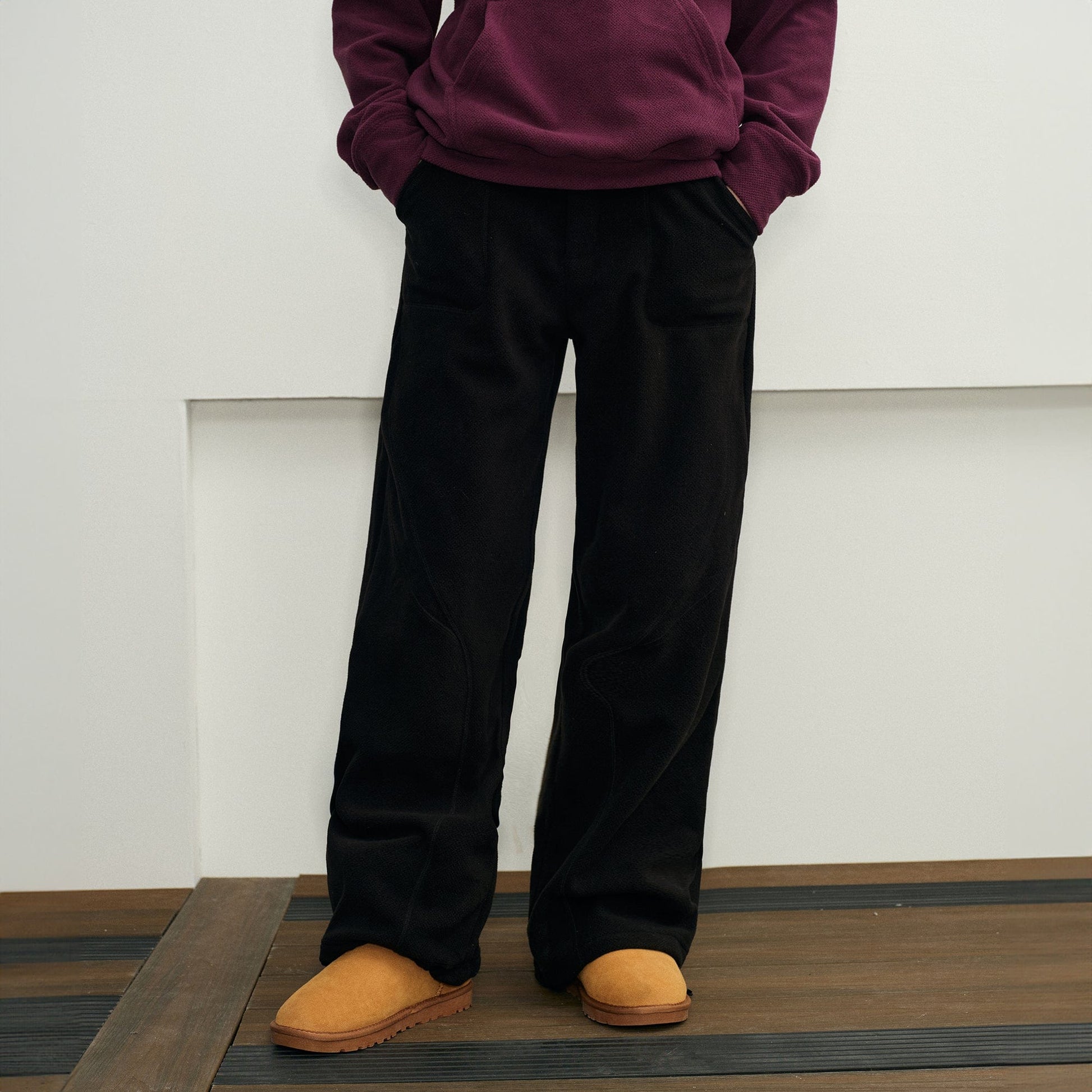 KREATE Curved Seam Thermal Wide-Leg Pants-Pants-S-Black-Free Shipping Leatheretro