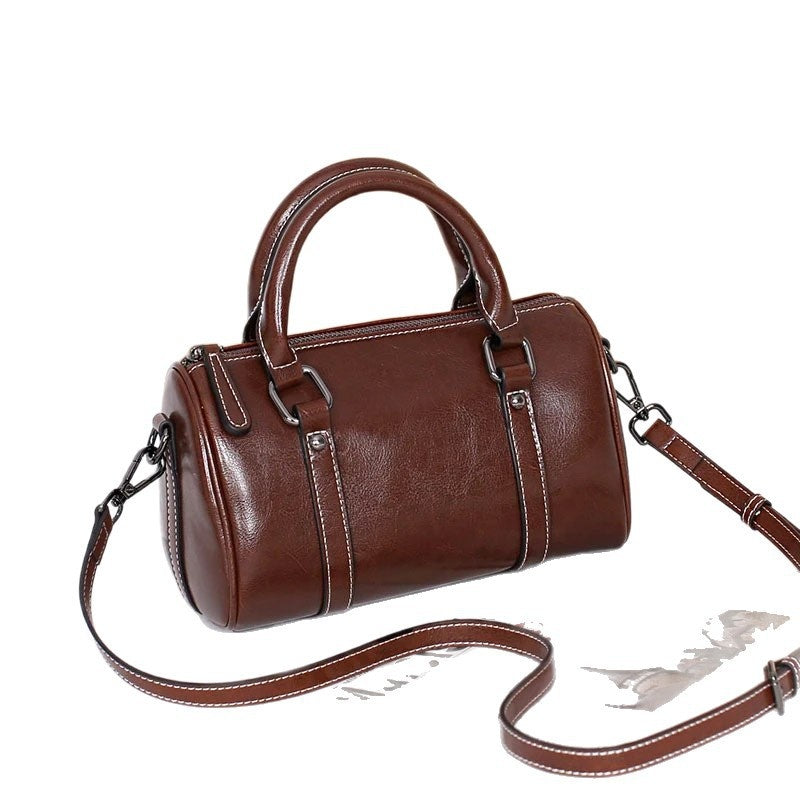 Cortex Lady Casual Zip Crossbody Bag - Top Grain Leather Cylinder Bag-Crossbody Bag-Black-Free Shipping Leatheretro