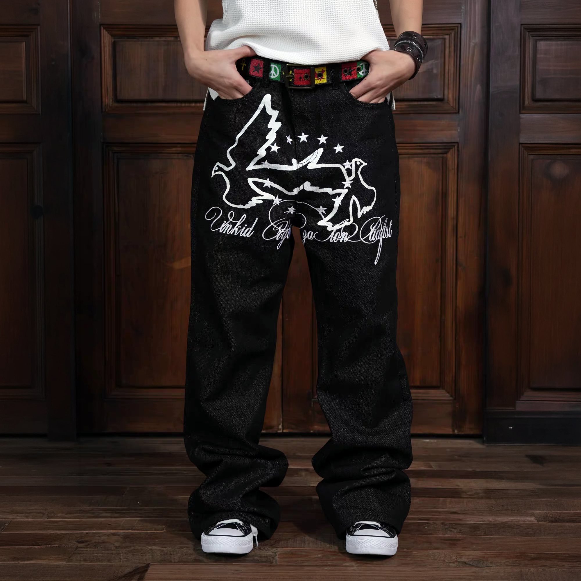 VINKID Double Pigeon Star Graphic Jeans-Jeans-S / 31"-Free Shipping Leatheretro