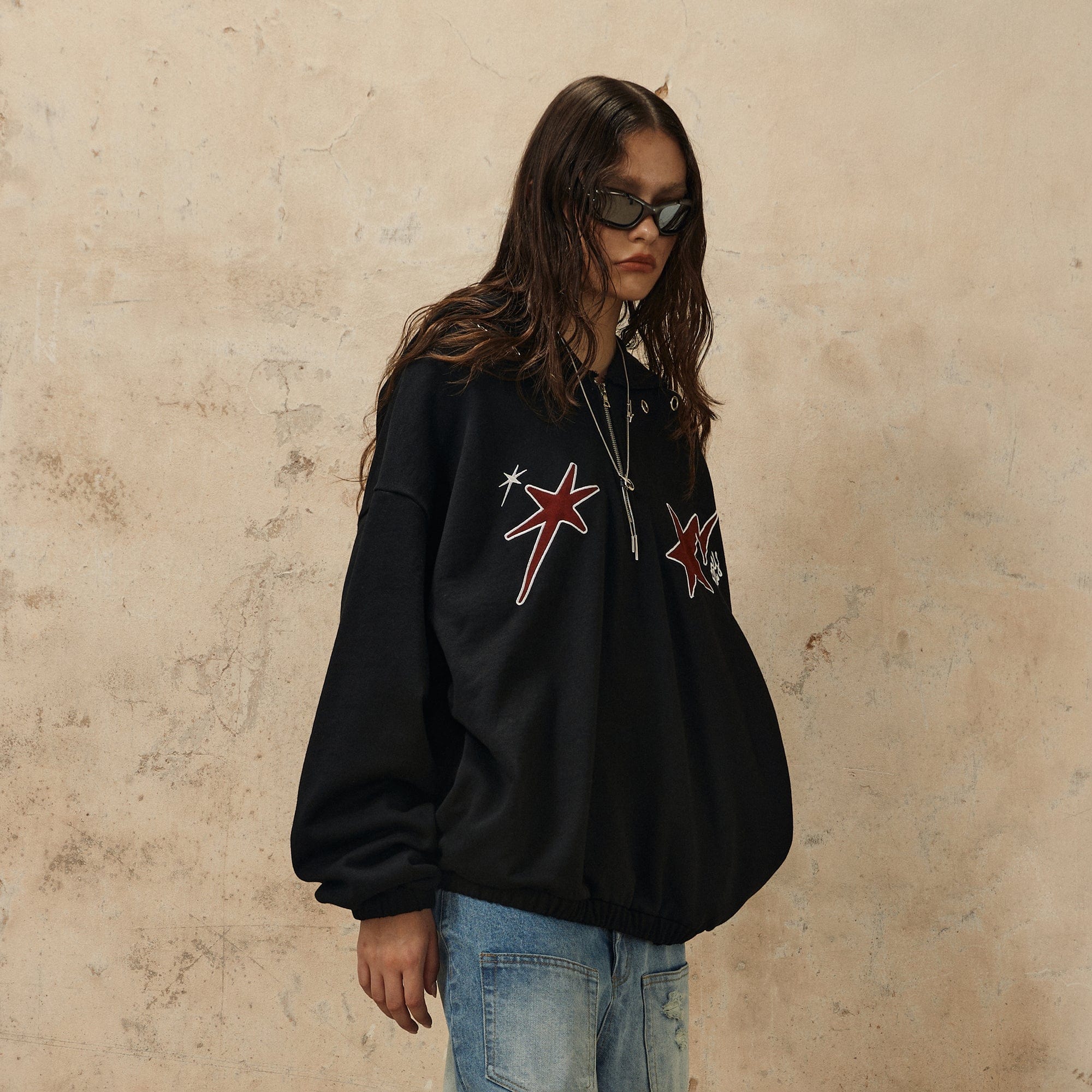 OVDY Star Embroidery Punk Zip-Up Hoodie-Hoodie-S-Black-Free Shipping Leatheretro