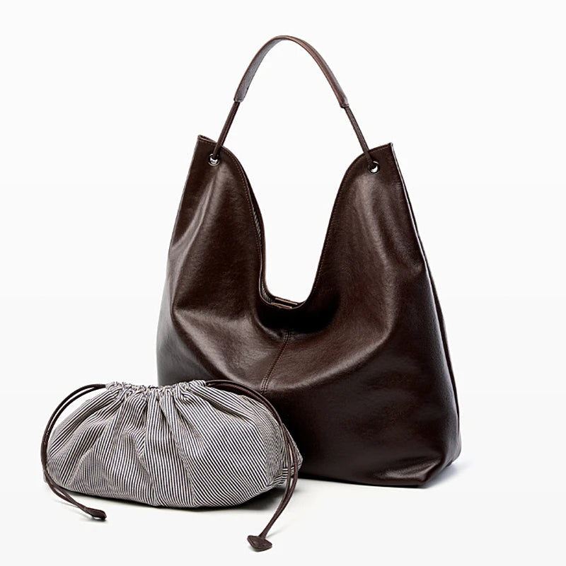 Cowhide Genuine Leather Hobo Shoulder Bag - Ladies Luxury Handbags-Shoulder Bag-Black-Free Shipping Leatheretro