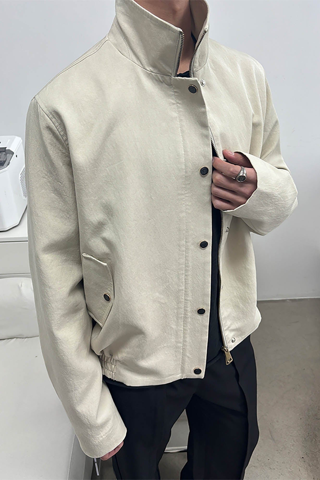 KREATE Gem Button Stand-Collar Wellington Jacket-Jacket-S-Black-Free Shipping Leatheretro