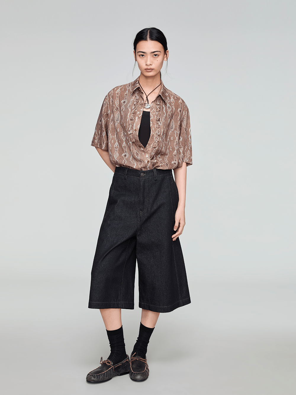 OPICLOTH Retro Woodgrain Full-Print Ruffle Half Shirt-Half shirt-XS-Free Shipping Leatheretro