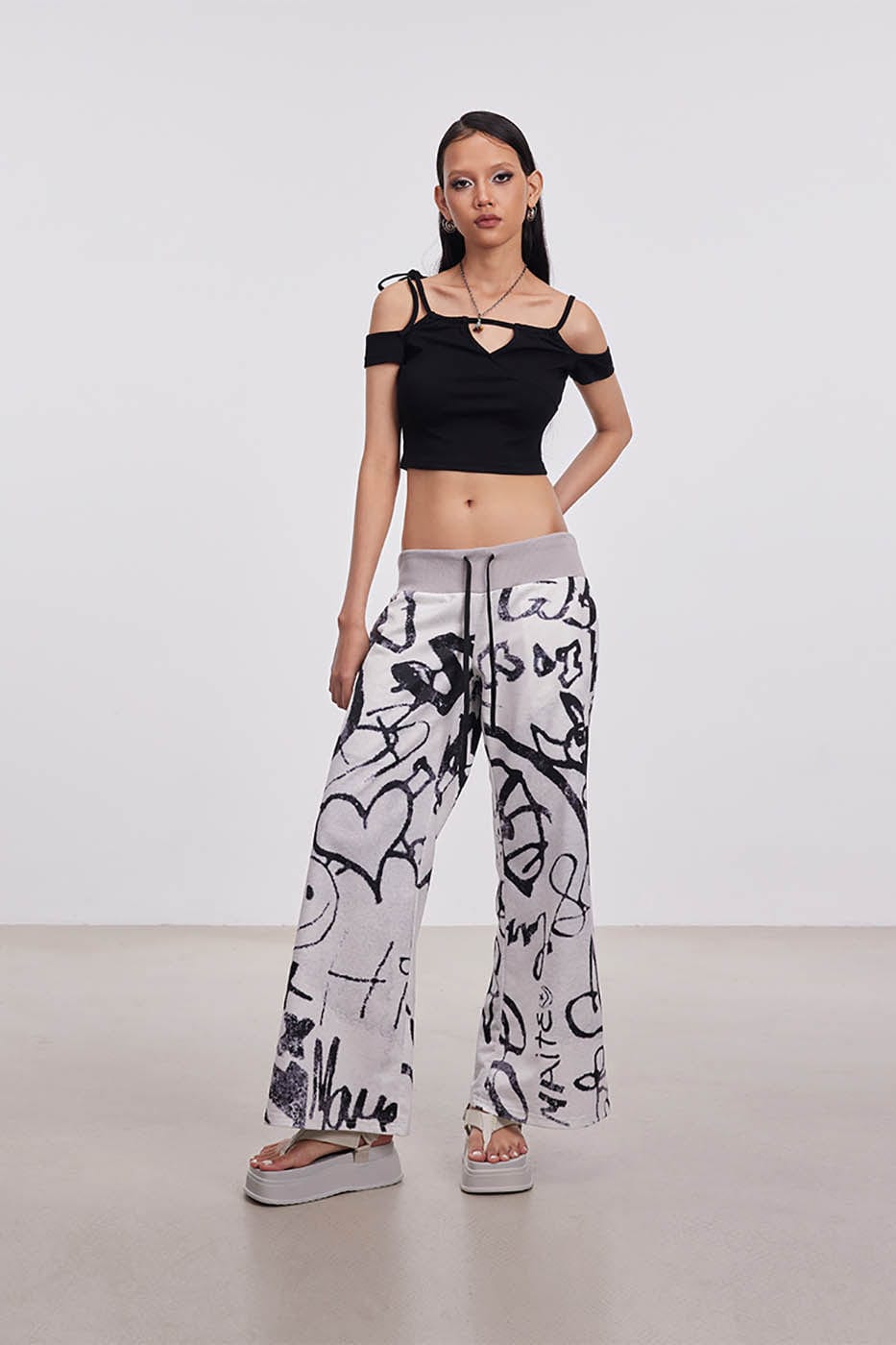 DAMAGE ASIA Doodle Full-Print Wide-Leg Pants-Pants-M-Free Shipping Leatheretro