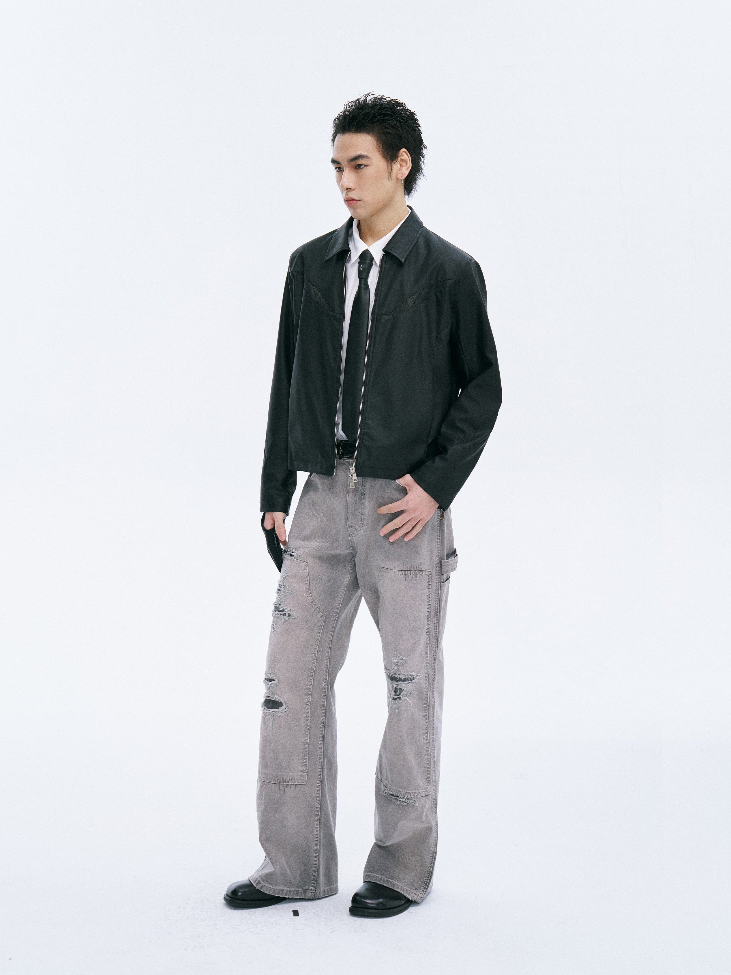 CATSSTAC Distressed Double-Knee Carpenter Straight-Leg Jeans Gray-Jeans-M-Free Shipping Leatheretro