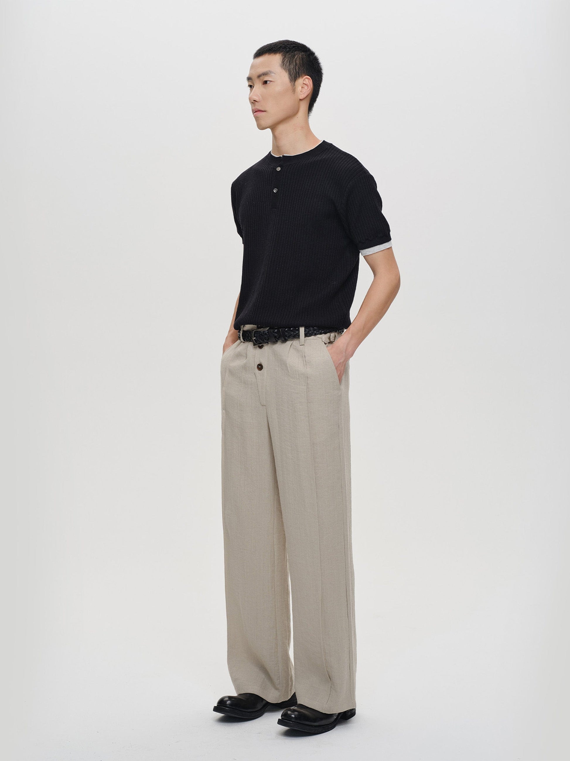 CATSSTAC Linen-Tencel Pleated Straight-Leg Trousers-Pants-Black-M-Free Shipping Leatheretro