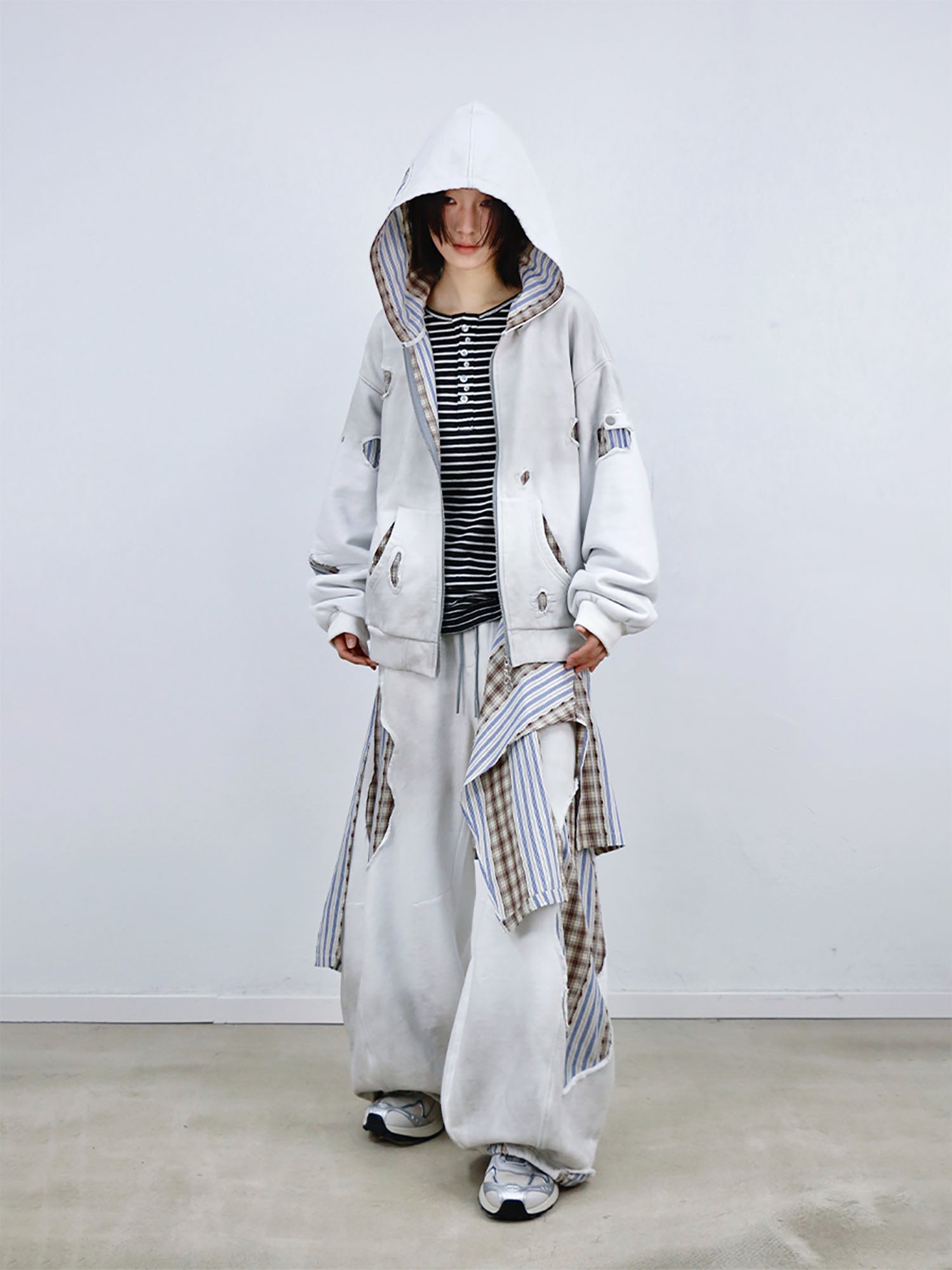 RELABEL Distressed Plaid Cut-Out Layered Hooded Jacket-Jacket-XS (Preorder)-Free Shipping Leatheretro