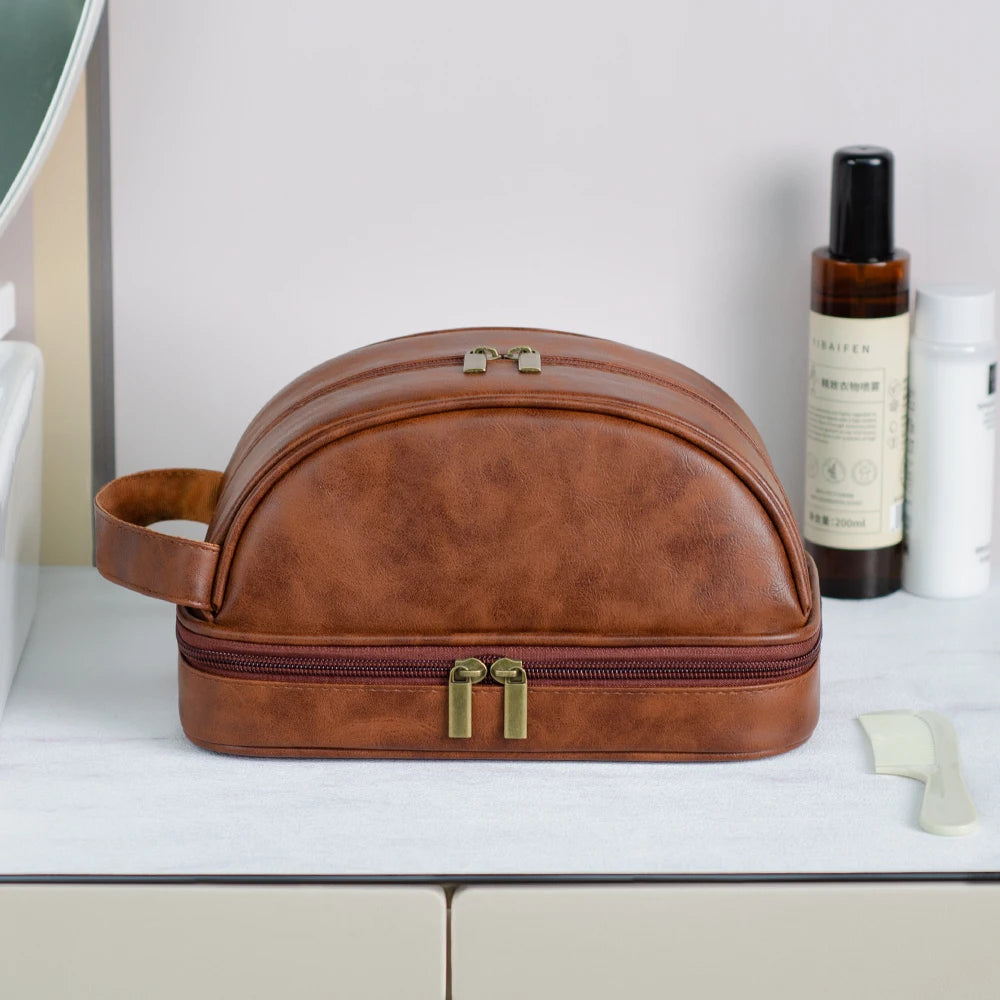 Men's Leather Waterproof Toiletry Bag - Large Capacity Storage Cosmetic Case-Travel Pouch-Red Brown-Free Shipping Leatheretro