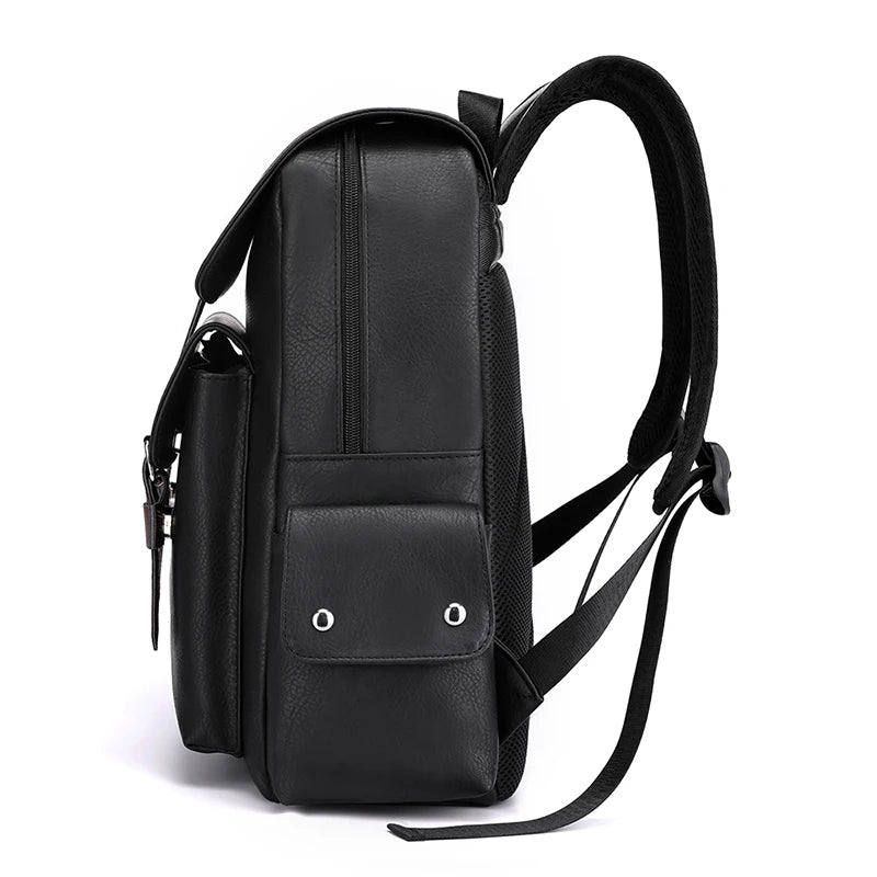Stylish Men’s PU Leather Laptop Backpack – Large Capacity School & Travel Bag-Backpacks-Black-Free Shipping Leatheretro