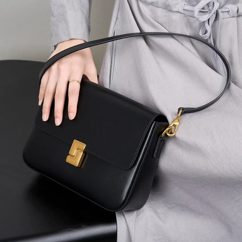 Genuine Leather Small Square Crossbody Bag - Women's Fashion Shoulder Handbags-Crossbody Bag-Black-Free Shipping Leatheretro