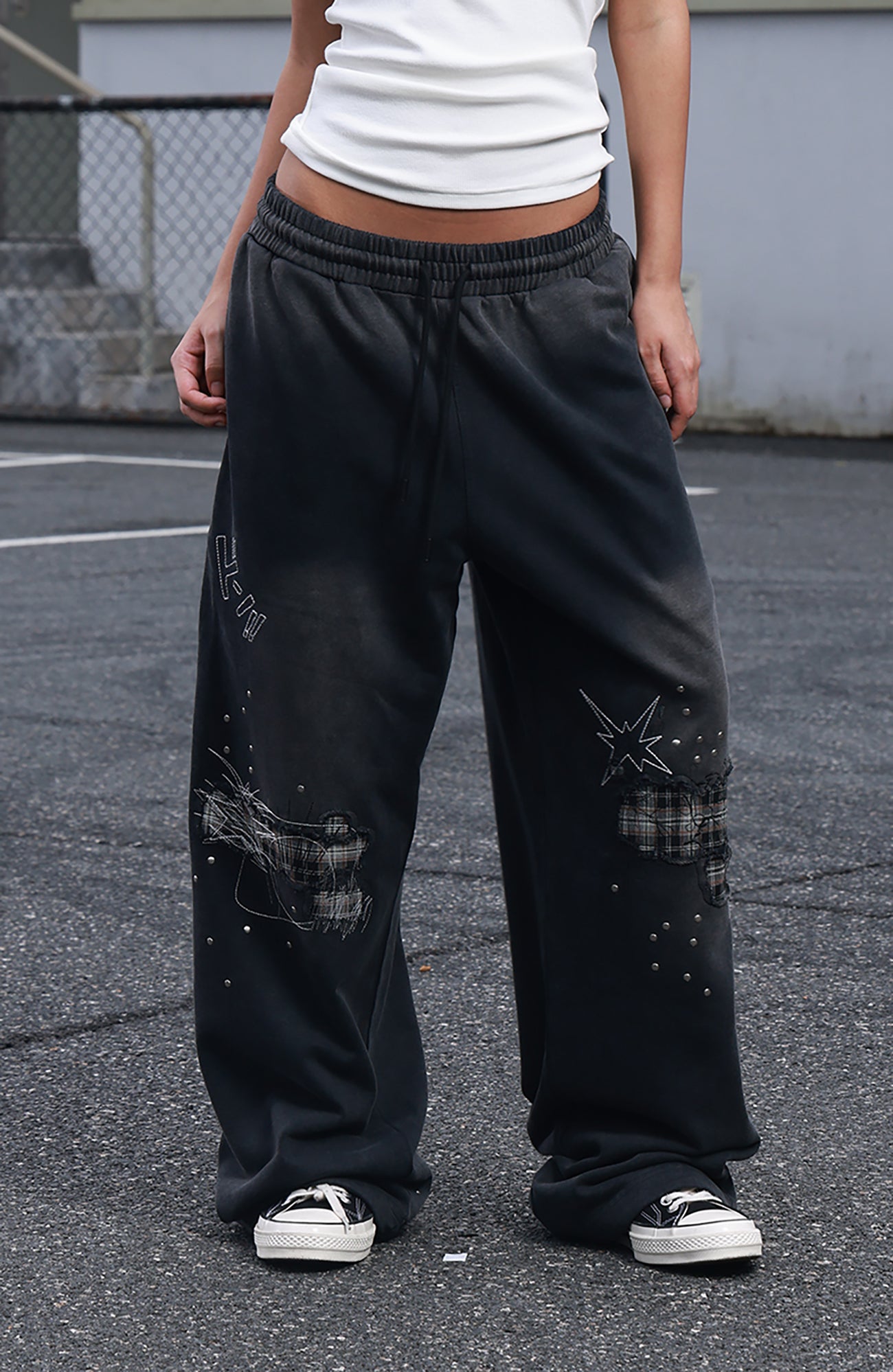 SAVAGEGROWTHWORLD Studded Plaid Panel Sweatpants-Pants-S-Free Shipping Leatheretro