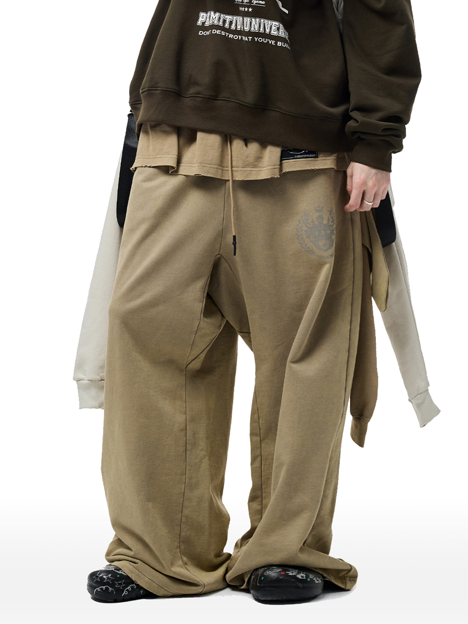 CYCYCY Layered Raw Edge Wide-Leg Sweatpants Khaki-Pants-S / 23"-Free Shipping Leatheretro