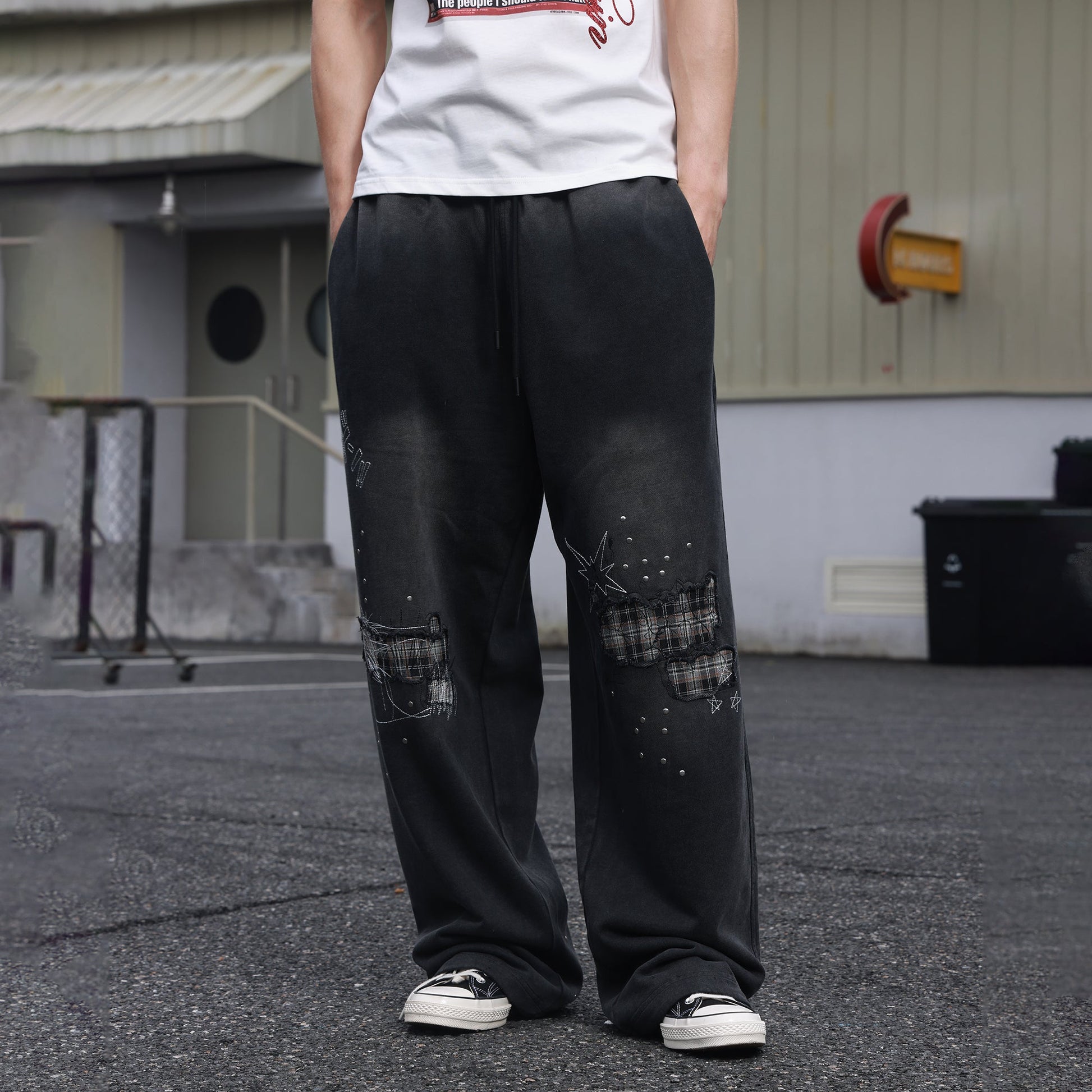 SAVAGEGROWTHWORLD Studded Plaid Panel Sweatpants-Pants-S-Free Shipping Leatheretro