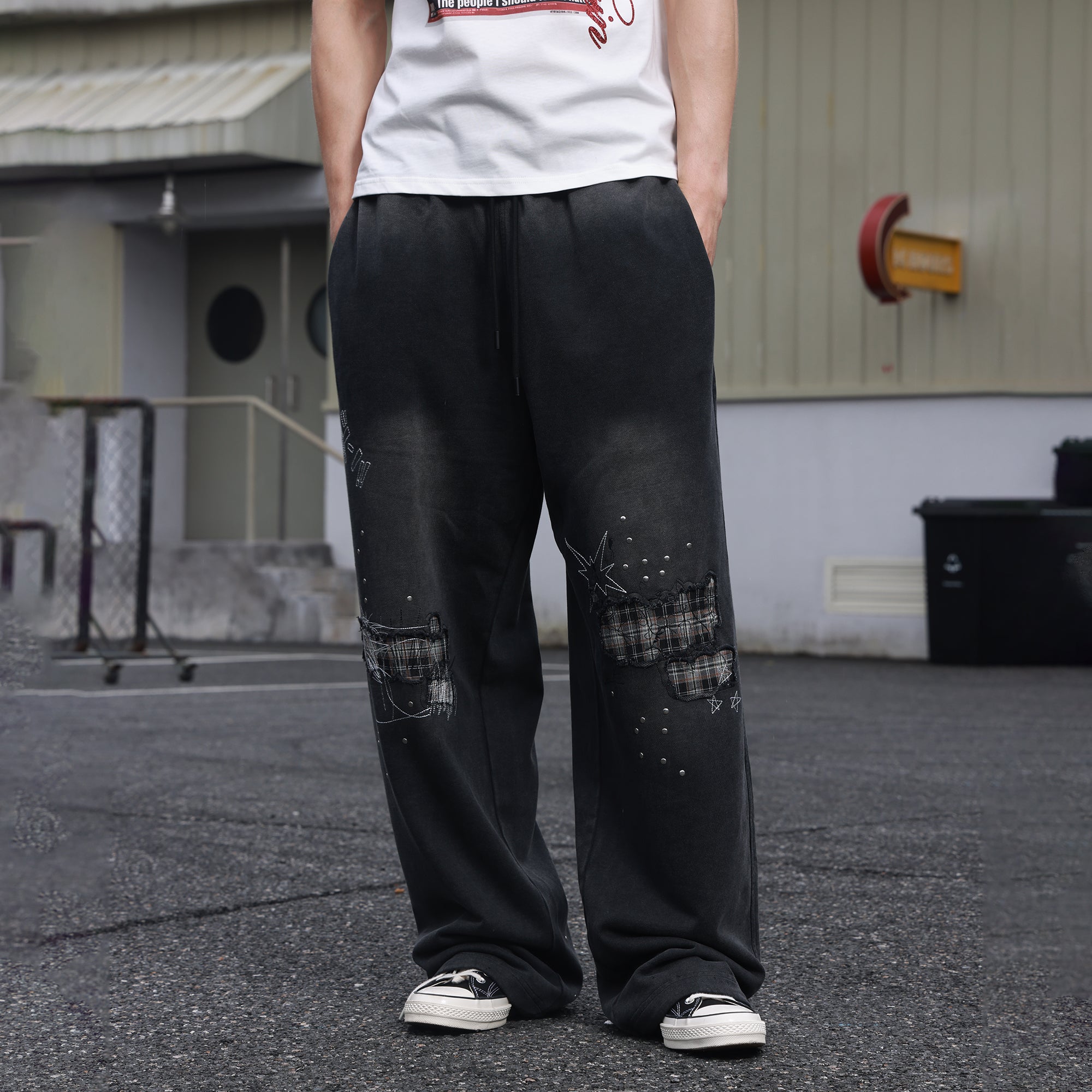 SAVAGEGROWTHWORLD Studded Plaid Panel Sweatpants-Pants-S-Free Shipping Leatheretro