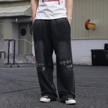 SAVAGEGROWTHWORLD Studded Plaid Panel Sweatpants-Pants-S-Free Shipping Leatheretro