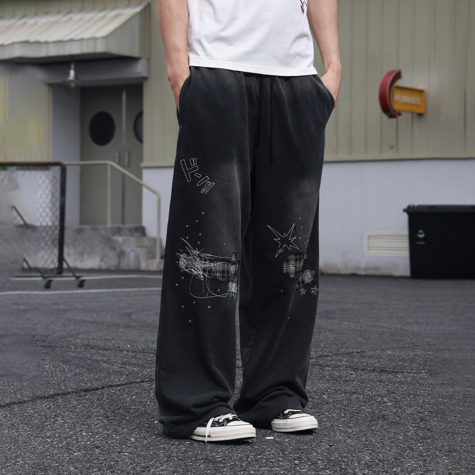 SAVAGEGROWTHWORLD Studded Plaid Panel Sweatpants-Pants-S-Free Shipping Leatheretro