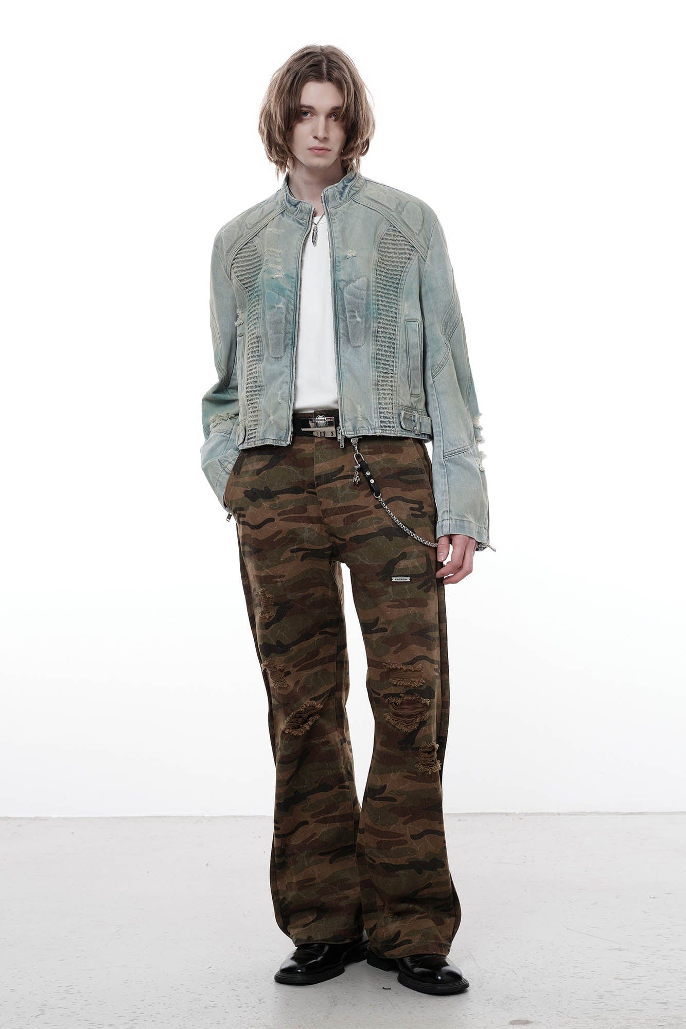 FACEONLAB Distressed Tie-Dye Ripped Biker Denim Jacket Blue-Jacket-M-Free Shipping Leatheretro