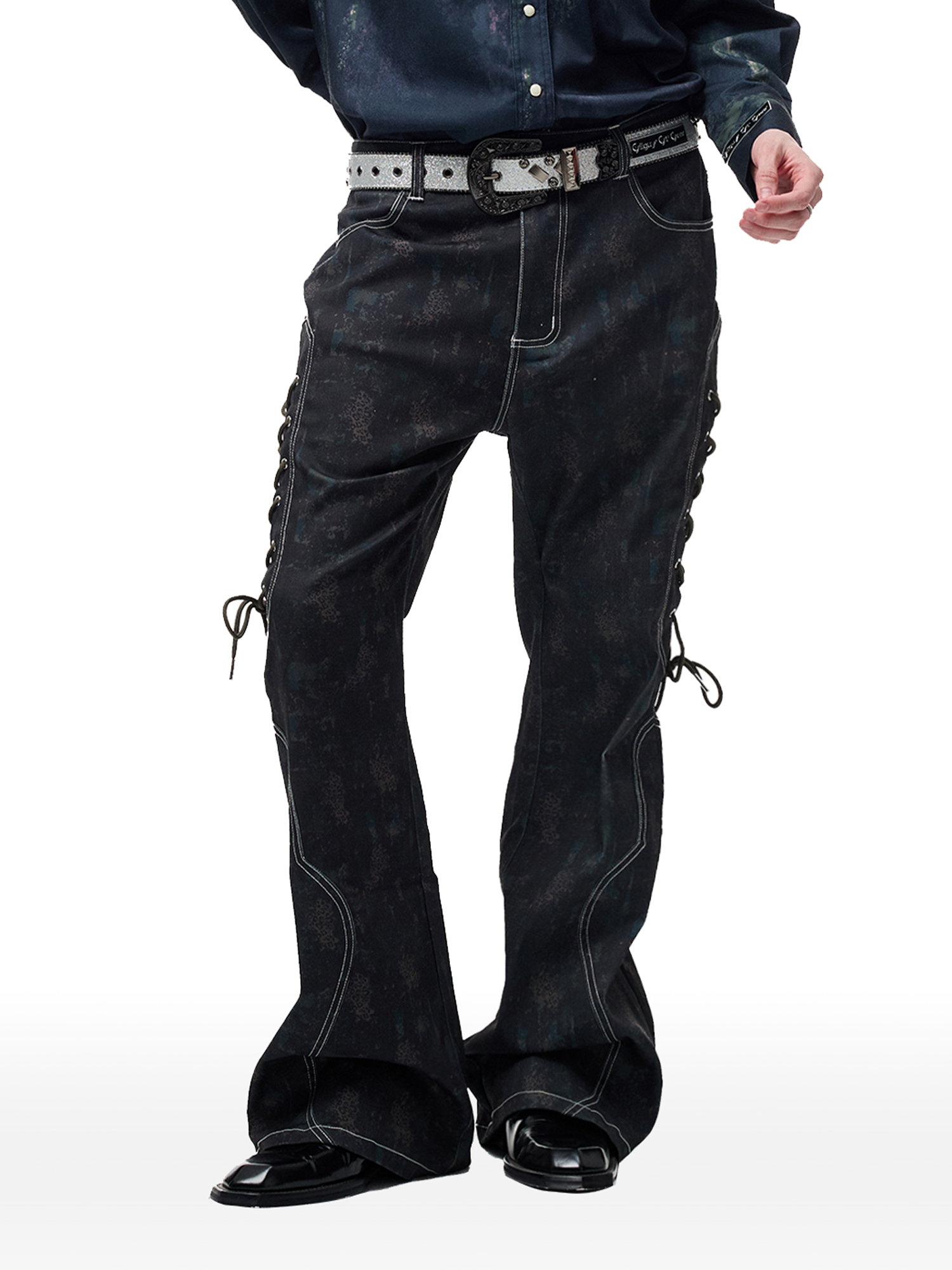 CYCYCY Wasteland Leopard Drawcord Flared Jeans-Jeans-XXS / 27"-Free Shipping Leatheretro