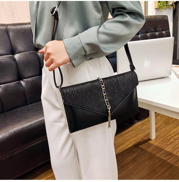 PU leather Tassels ladies Women Shoulder Bag - Envelope Clutches Purse-Clutch-Black-Free Shipping Leatheretro