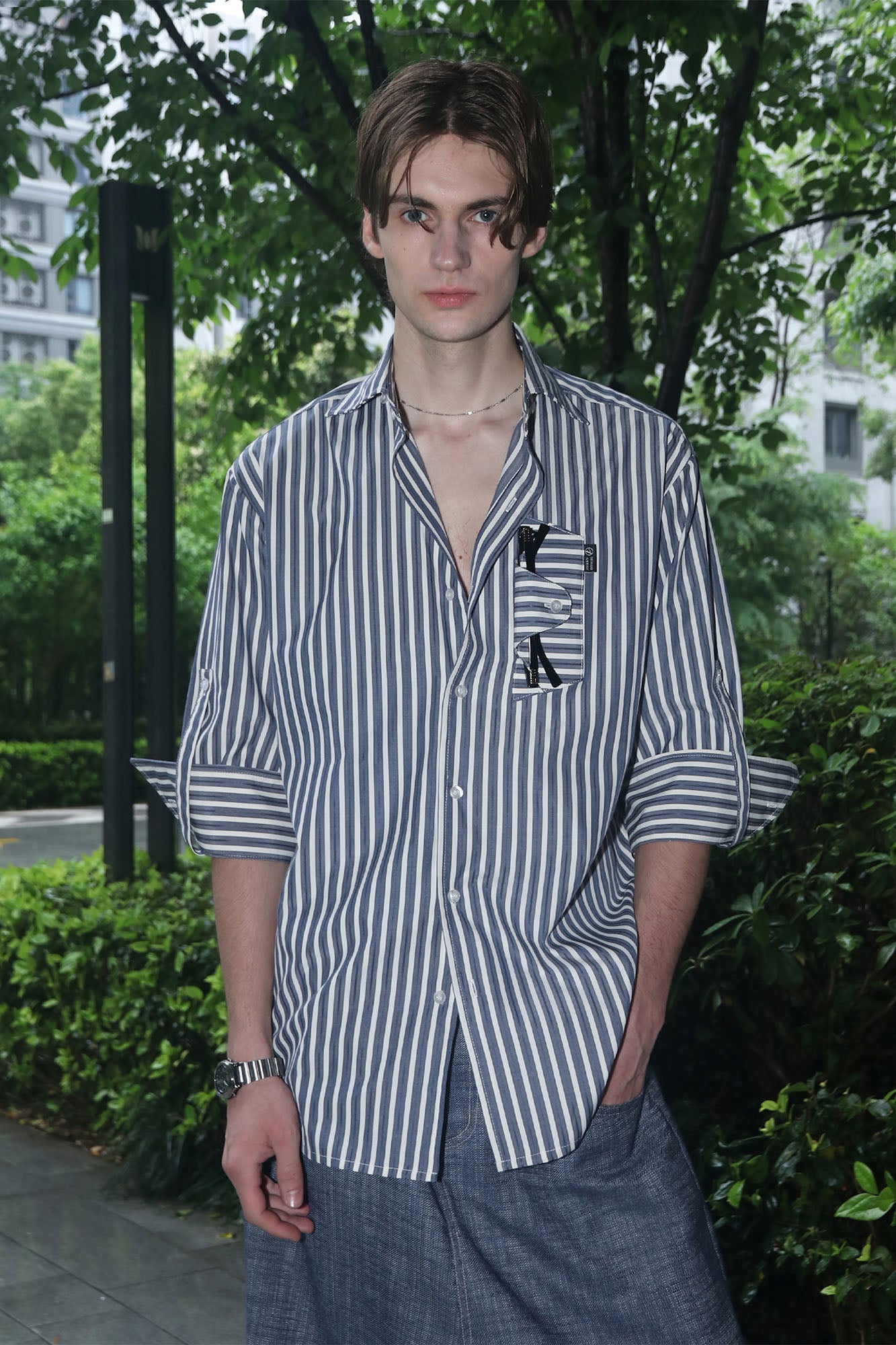 ASSEEN Striped Glasses Pocket Half Shirt Blue-Half shirt-S-Free Shipping Leatheretro
