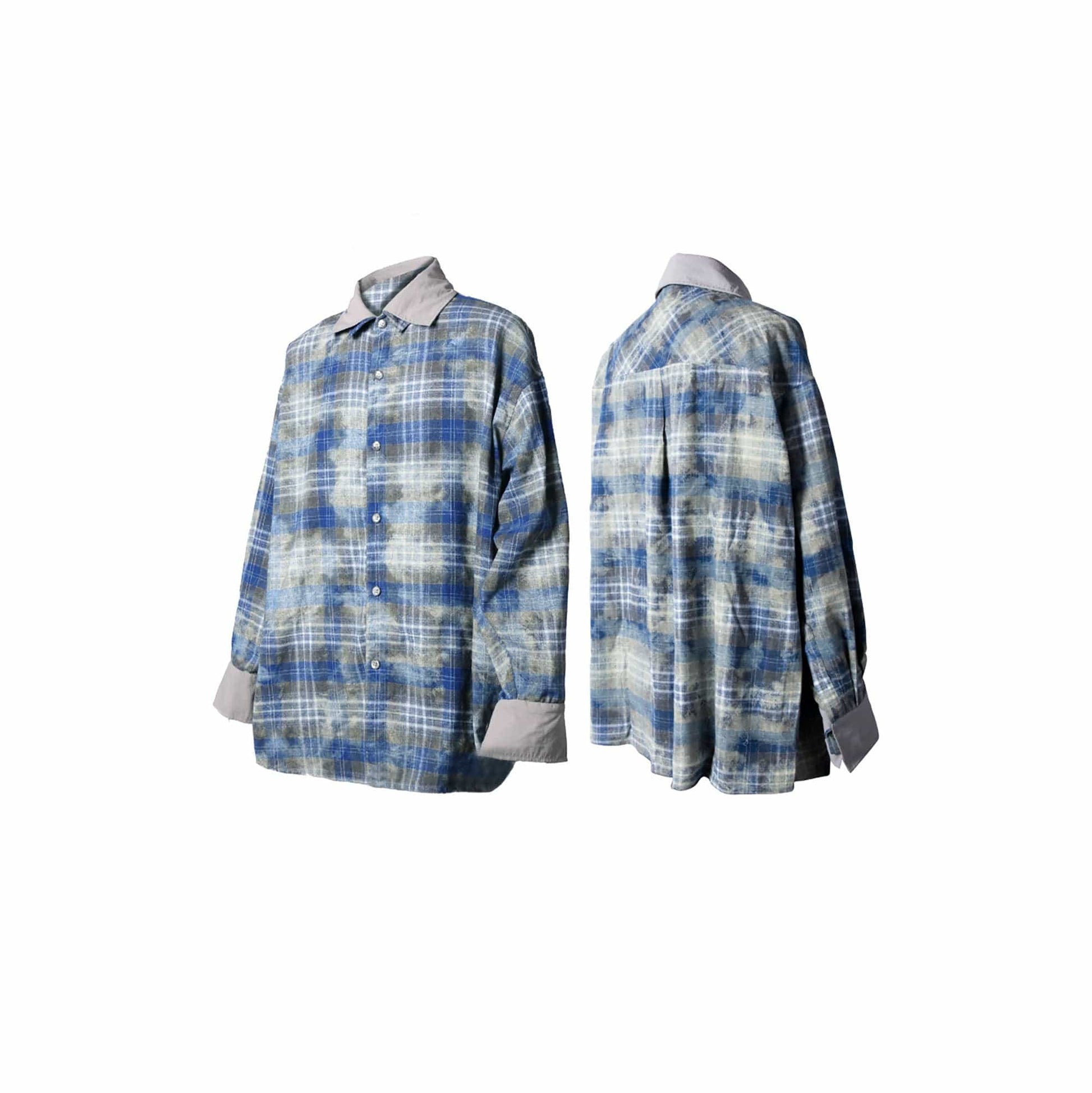 RELABEL Washed Plaid Tie-Dye Contrast-Collar Shirt-Shirt-S-Free Shipping Leatheretro