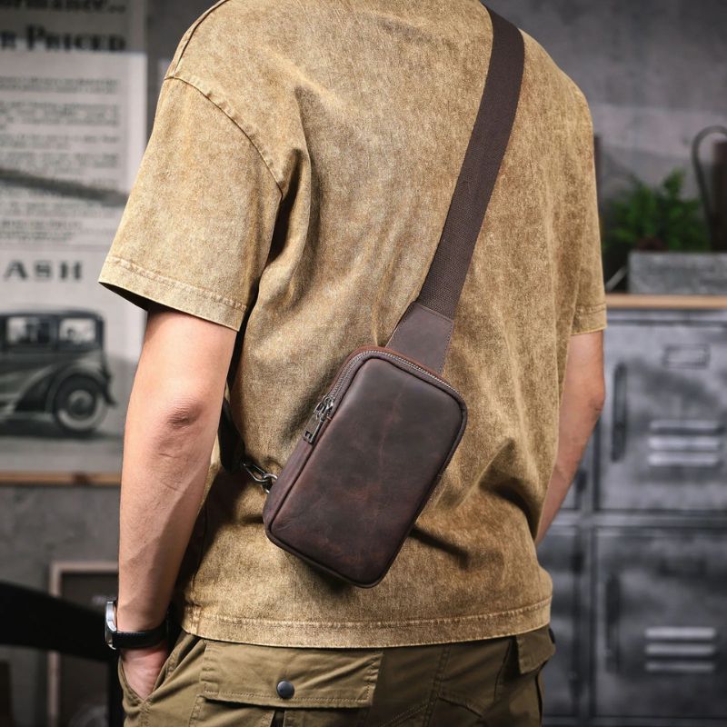 Vintage Full Grain Leather Sling Bag for Men – Premium Crossbody Chest Bag-Chest Bags-Dark Coffee-Free Shipping Leatheretro
