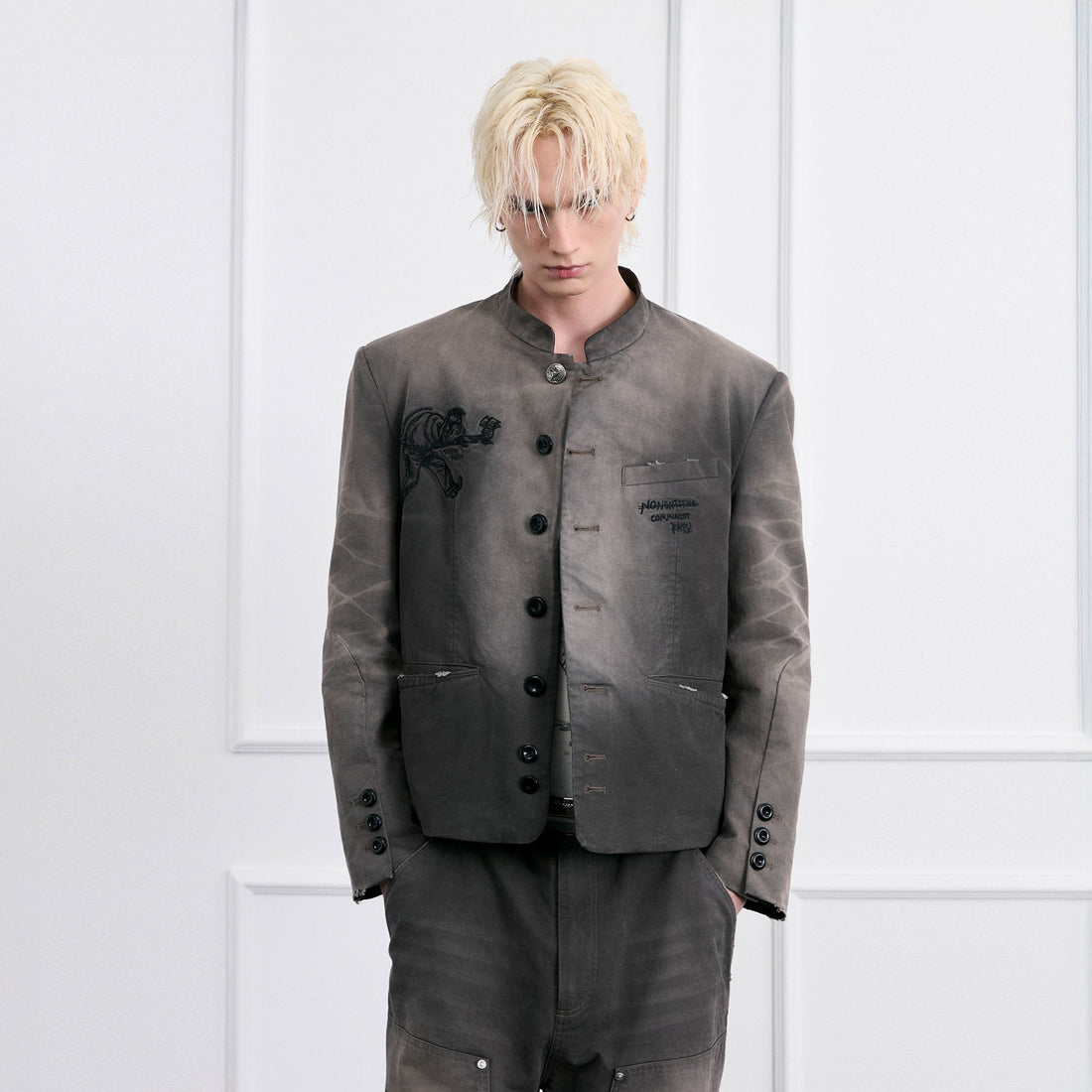 FACEONLAB Distressed Washed Embroidery Jacket-Jacket-M-Free Shipping Leatheretro