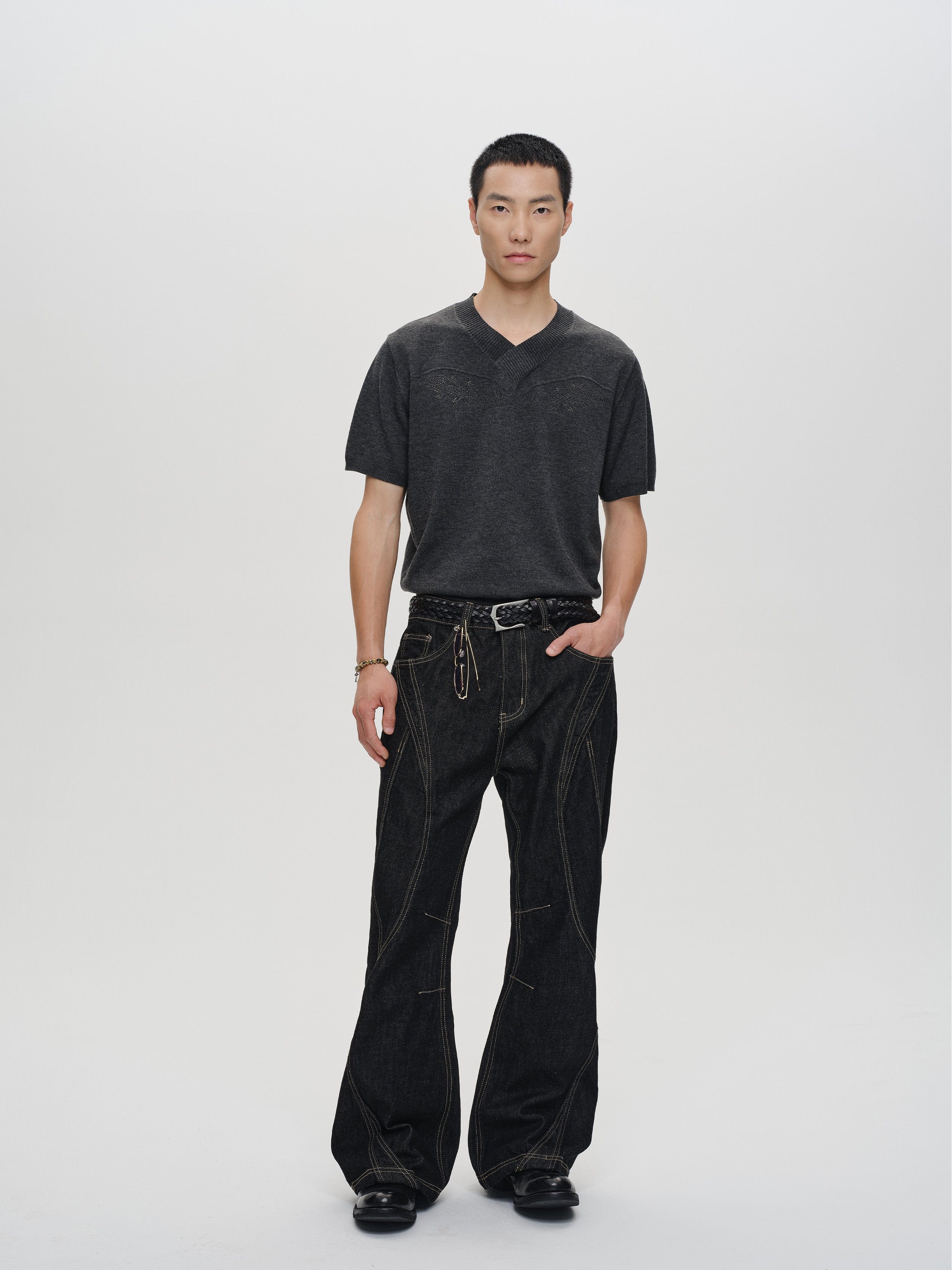 CATSSTAC Curved Panel Stitch Straight-Leg Raw Jeans-Jeans-M-Free Shipping Leatheretro