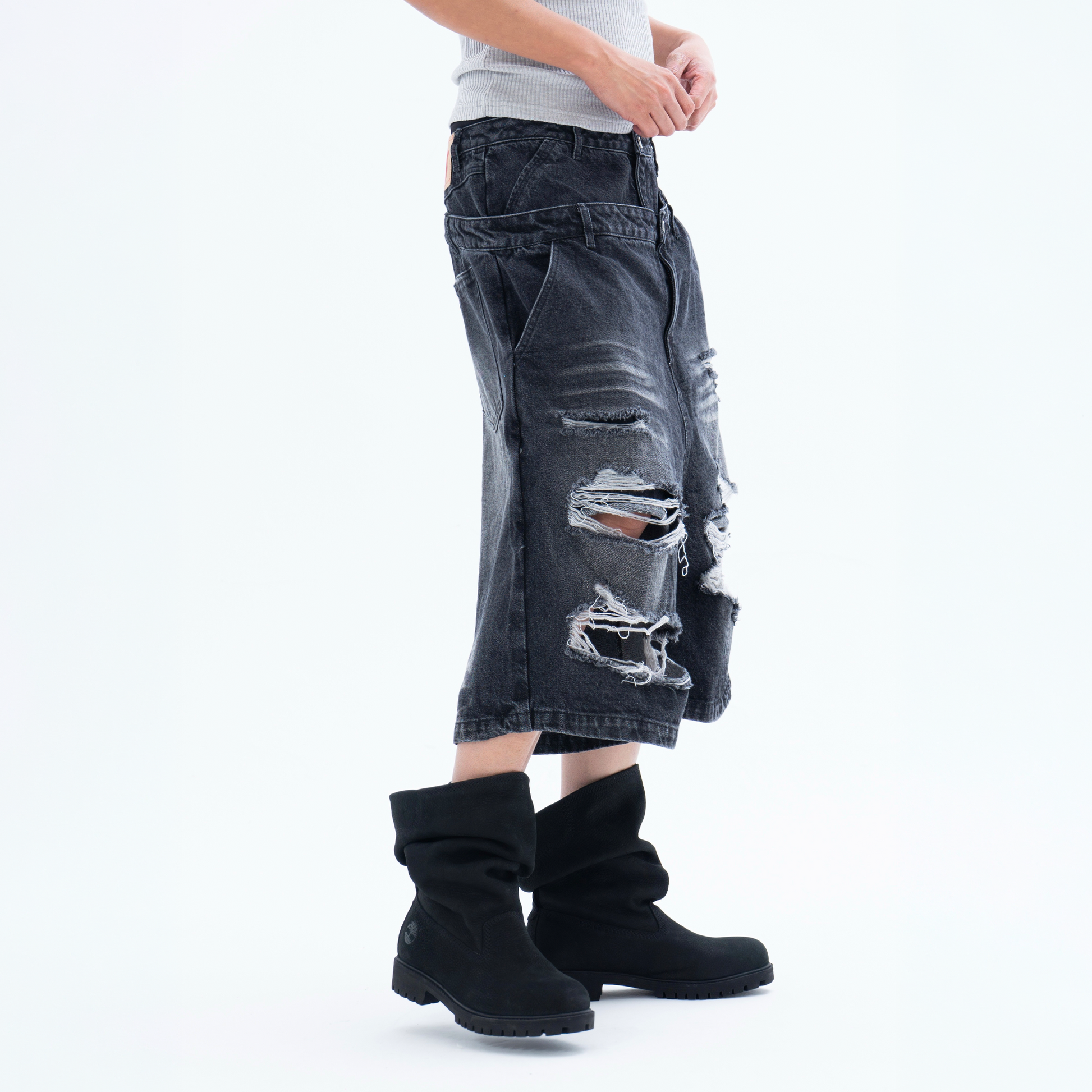 CLP Distressed Double-Waist Denim Shorts-Shorts-M / 31"-Blue-Free Shipping Leatheretro