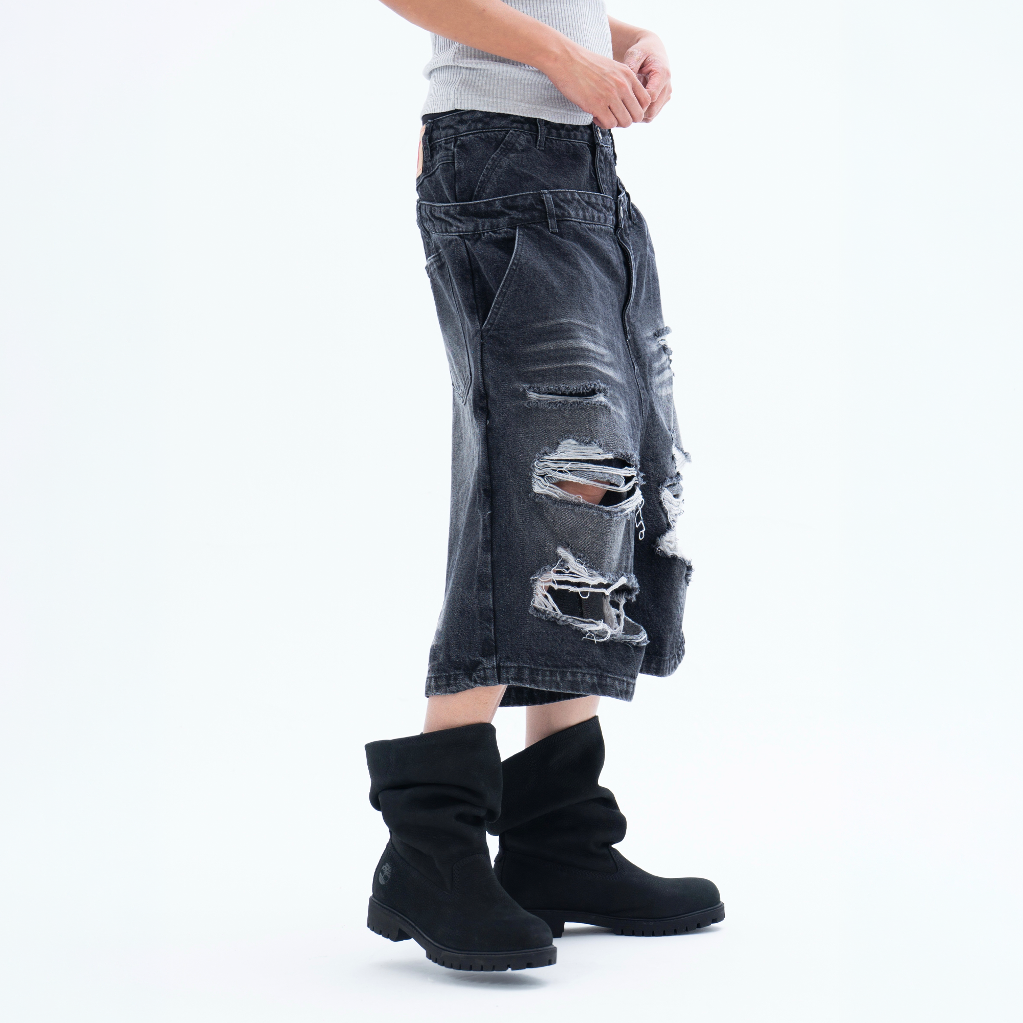 CLP Distressed Double-Waist Denim Shorts-Shorts-M / 31"-Blue-Free Shipping Leatheretro