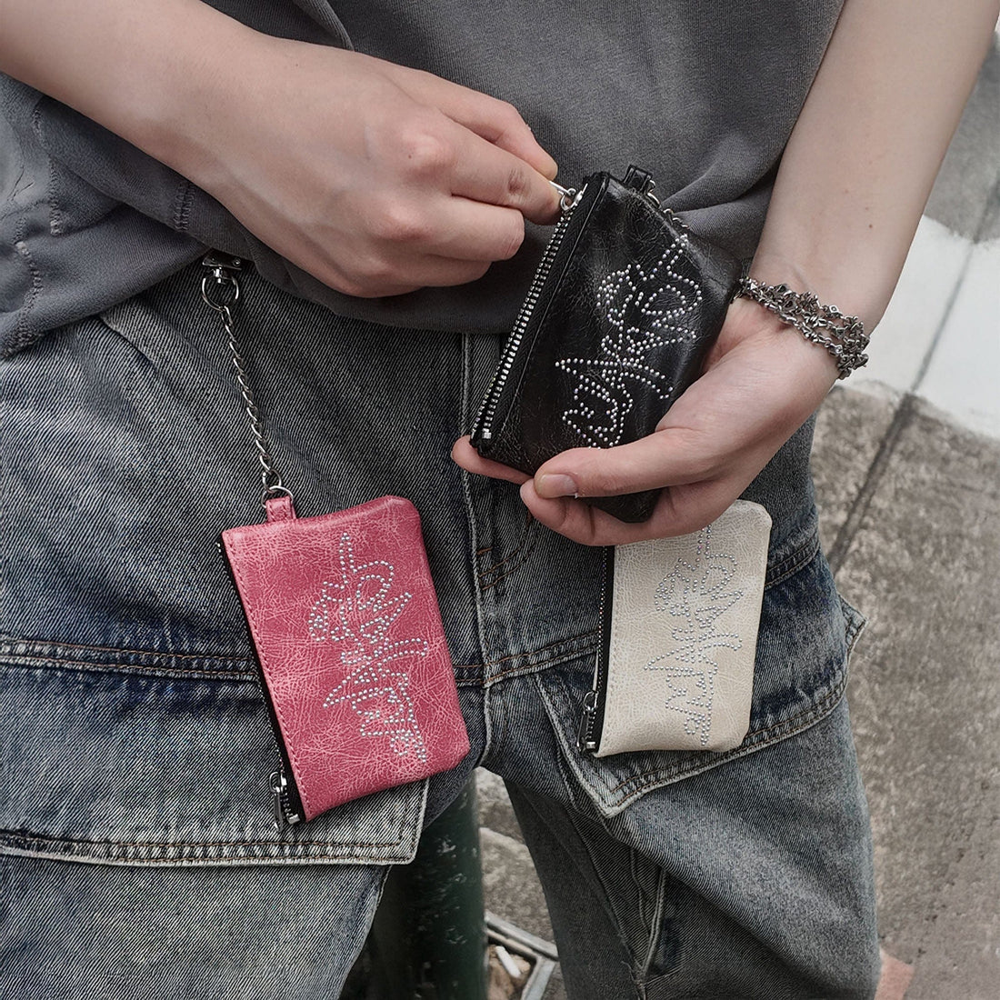 MAKEMORE Cracked Faux Leather Studded Mini Pouch-Bag-Pink-Free Shipping Leatheretro