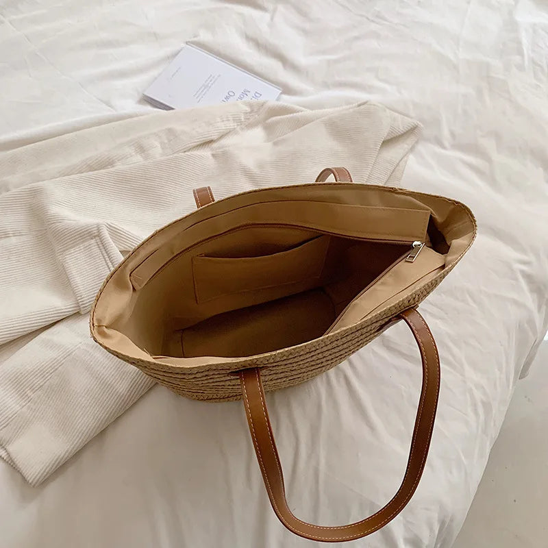 Luxury Designer Straw Tote Bag for Women-Tote Bag-Beige-Free Shipping Leatheretro