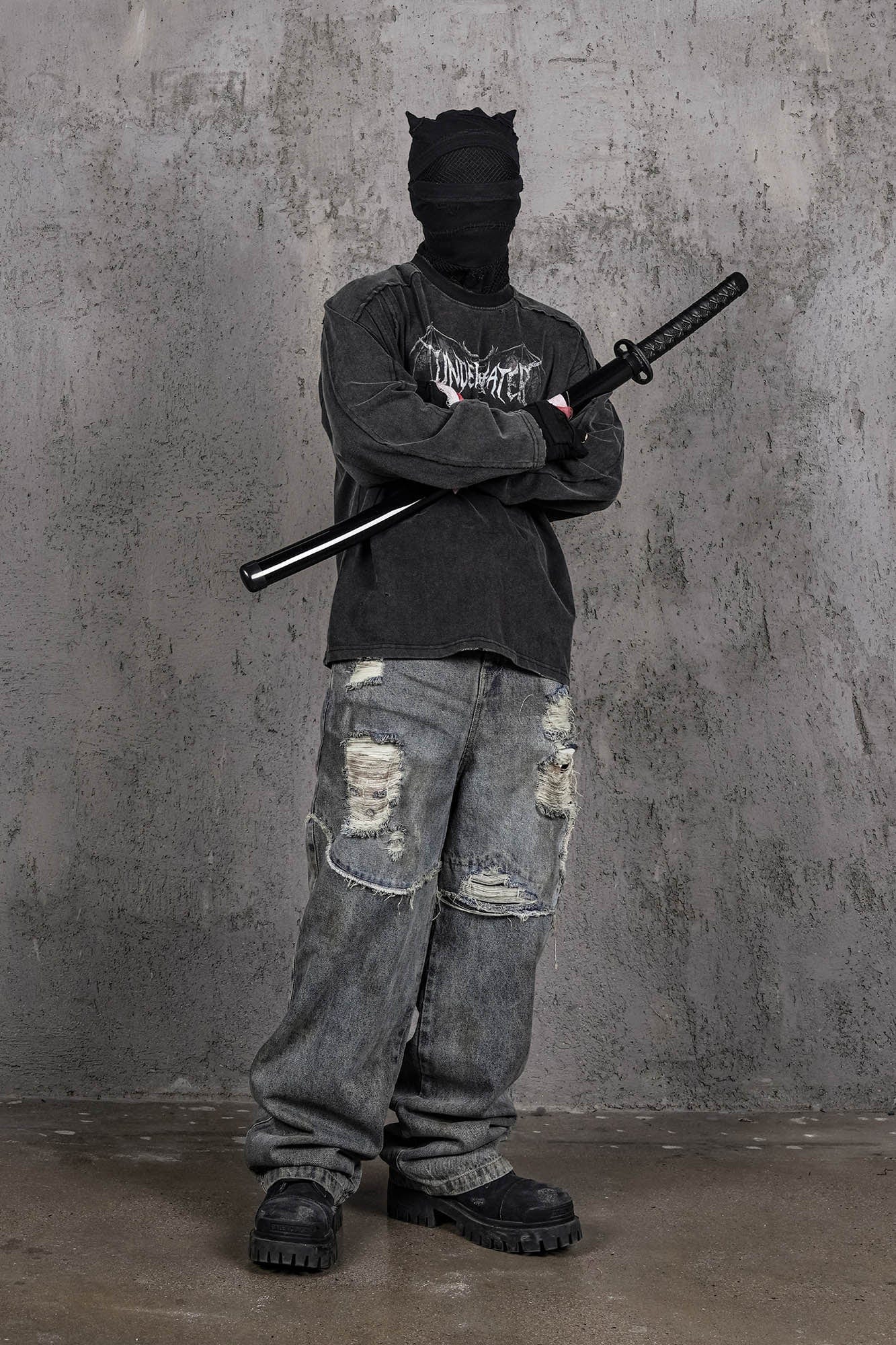 UNDERWATER Hellbound Wing Distressed Spliced Long-Sleeve Tee-L/S Tee-S-Free Shipping Leatheretro