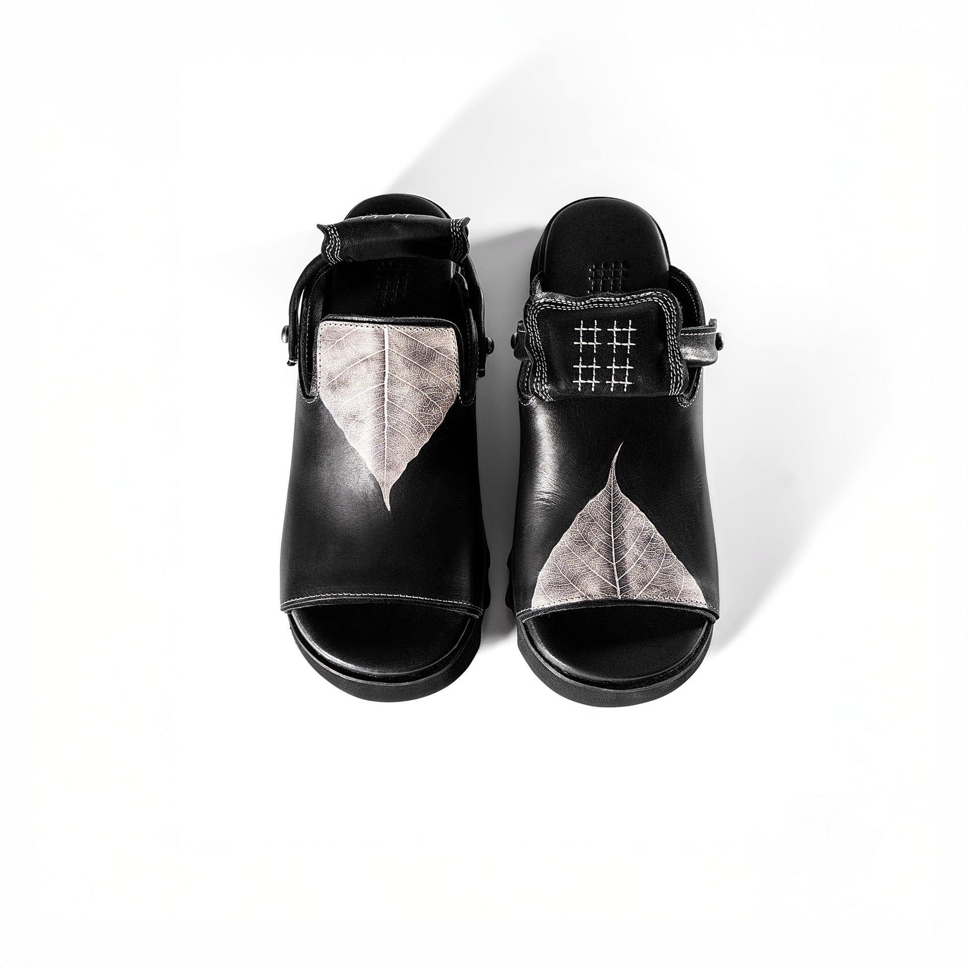 REWRITE Leaf Cowhide Sandals Black-Shoes-38.5-Free Shipping Leatheretro