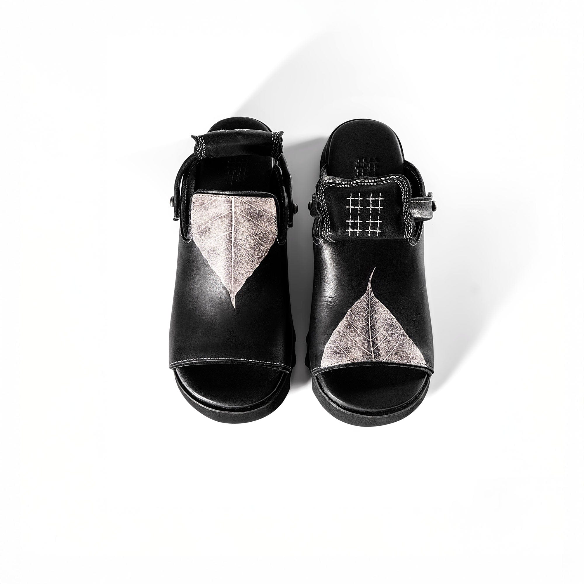 REWRITE Leaf Cowhide Sandals Black-Shoes-38.5-Free Shipping Leatheretro