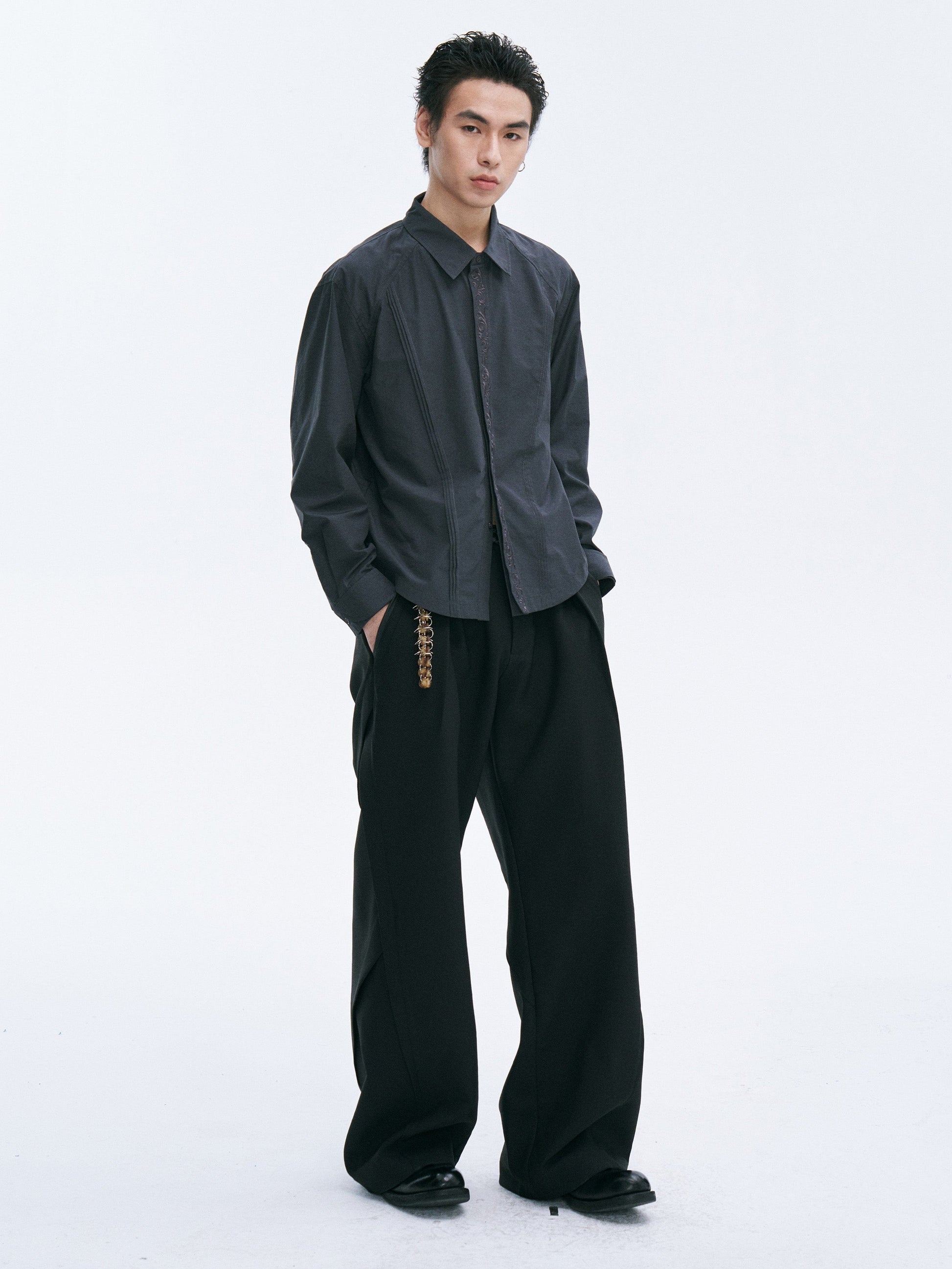 CATSSTAC Layered Seamline Floral Embroidered Shirt-Shirt-Black-M-Free Shipping Leatheretro