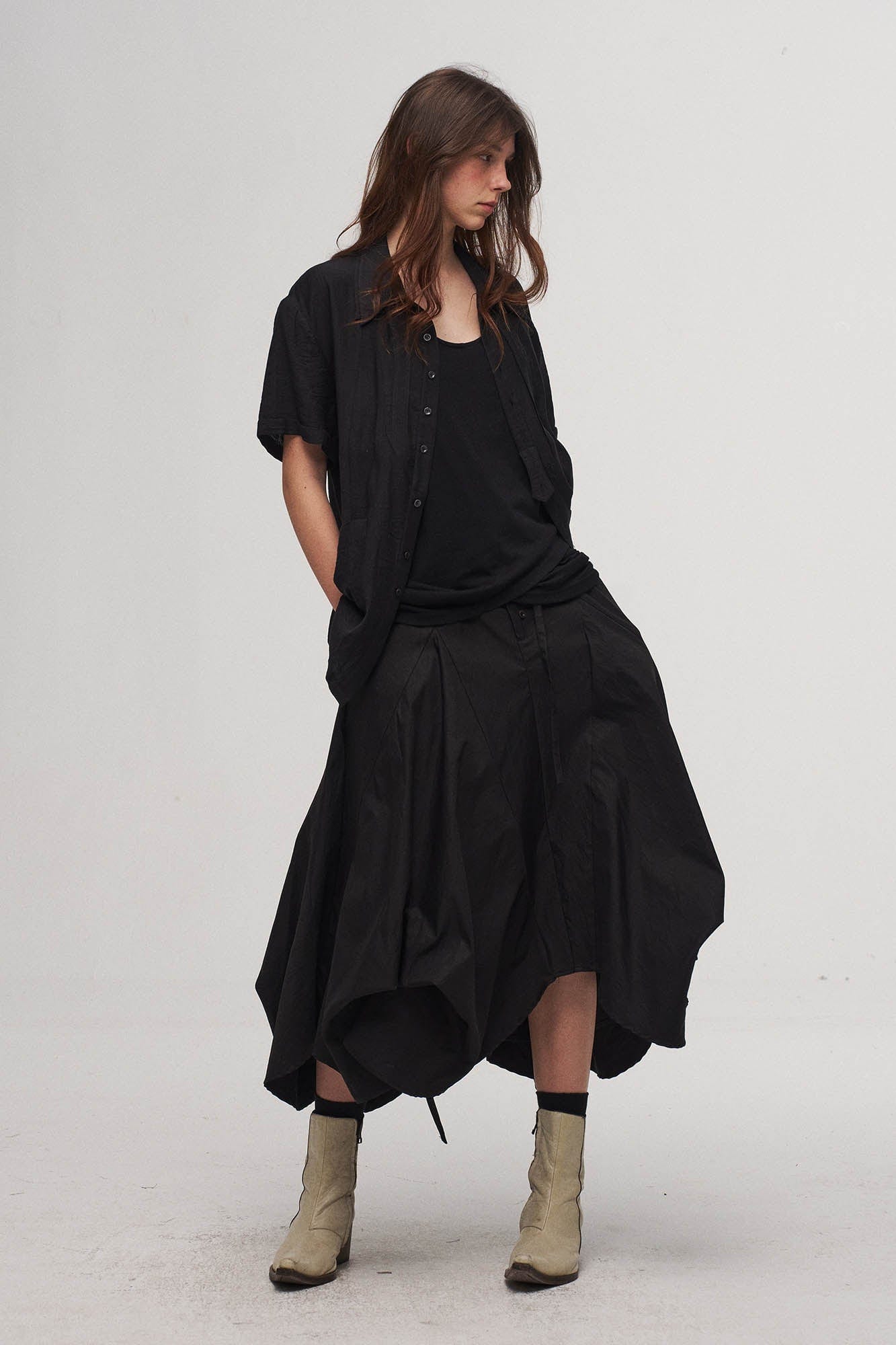 ILNya Nieternite Nifutur Stripe Crinkled Spliced Layered Collar T-Shirt Black-Shirt-S(0)-Free Shipping Leatheretro