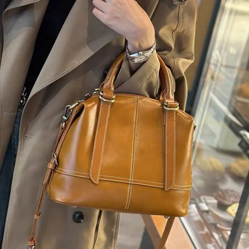 Vintage Genuine Cow Leather Women's Bag - Luxury Design Woman Handbag-Light Brown-Free Shipping Leatheretro