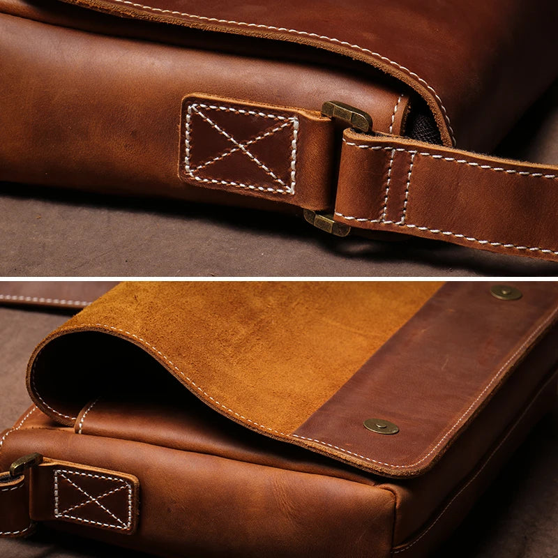 Crazy Horse Leather Messenger Bag - Men's Vintage Flap Crossbody Bags-Messenger Bag-Dark Brown-Free Shipping Leatheretro