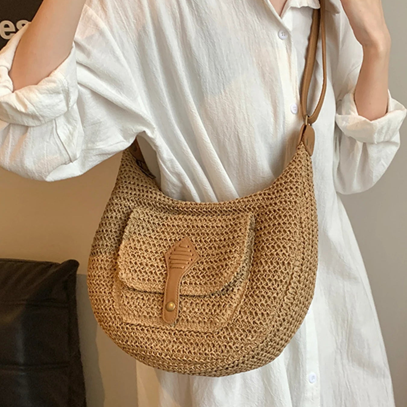 Straw Crossbody Bag Stylish Retro Vacation Look-Handbags-Beige-Free Shipping Leatheretro