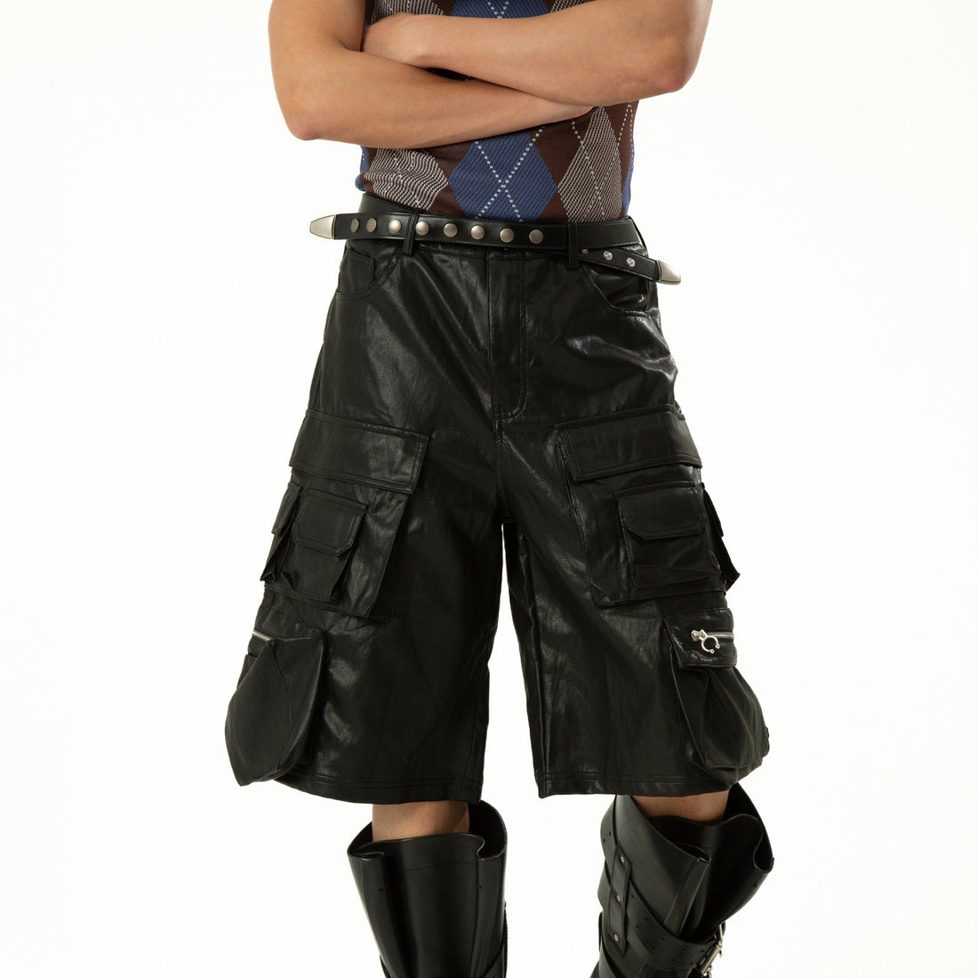 CLP Punk Faux Leather Multi-Pocket Cargo Shorts-Shorts-M-Black-Free Shipping Leatheretro