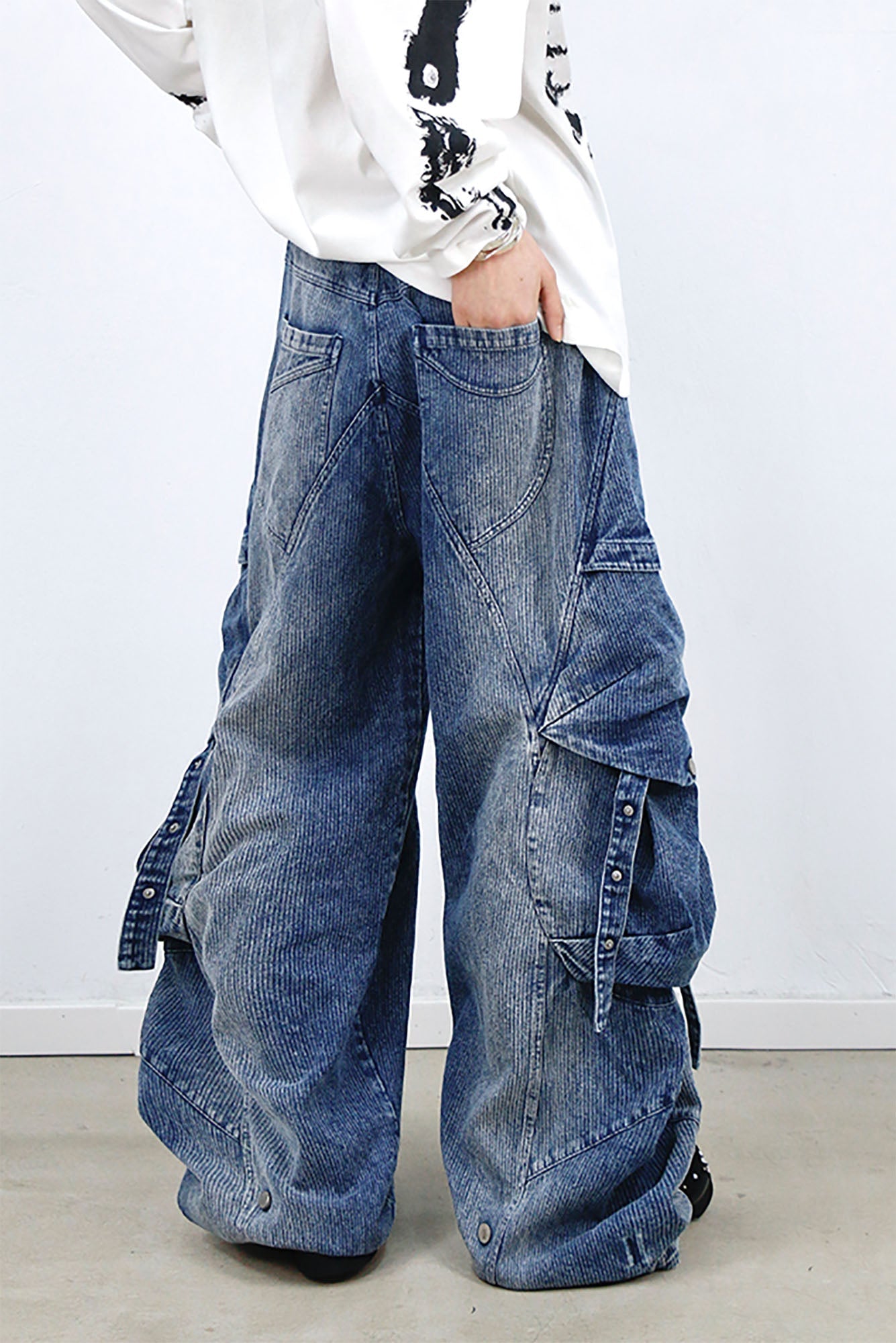 RELABEL Washed Paneled Strap Oversized Cargo Jeans Blue-Jeans-XS-Free Shipping Leatheretro