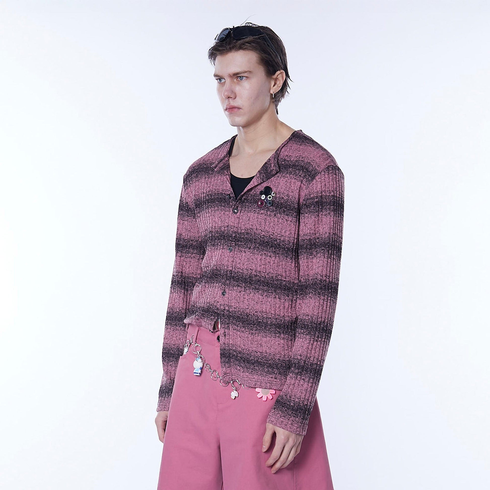 ASSEEN Horizontal Gradient Stripe Button Cardigan Pink-Sweater-S-Free Shipping Leatheretro